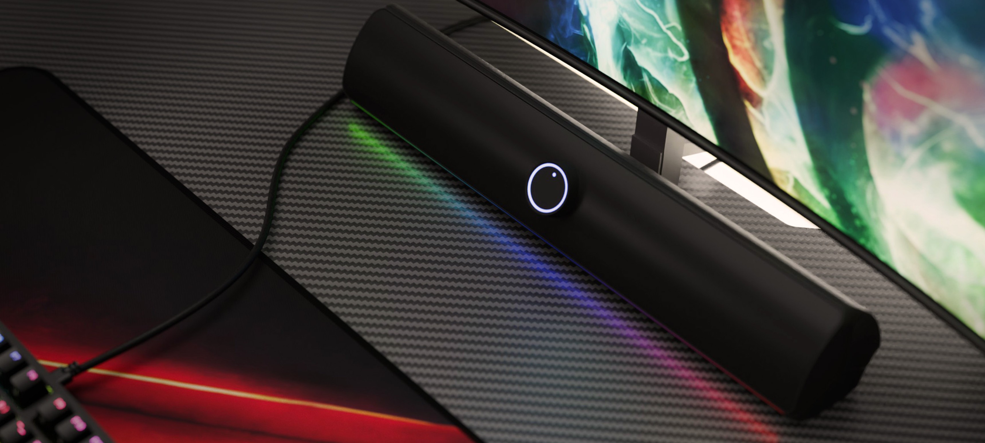 Barre de son Bluetooth au design noir élégant, dotée d'un bouton de commande éclairé et d'accents LED colorés.