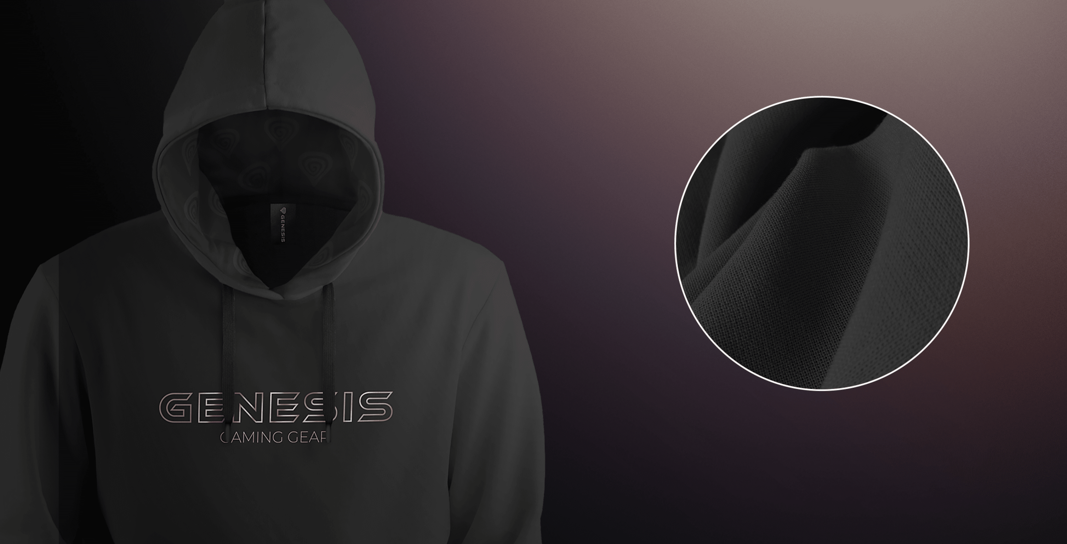 Sweat à capuche portant le logo "GENESIS GAMING GEAR", mis en valeur dans un tissu gris foncé avec un détail en gros plan du matériau.