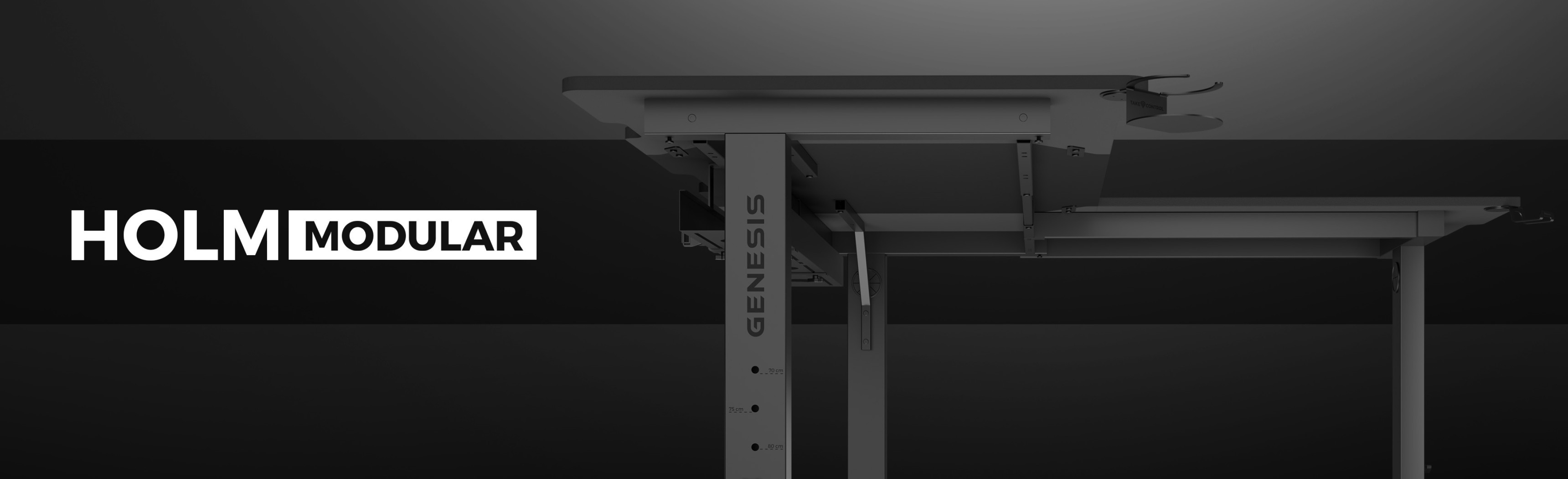 Ensemble de bureau de jeu d'angle, Genesis Holm Modular 160, présentant un design épuré avec des fonctions réglables et une esthétique moderne.