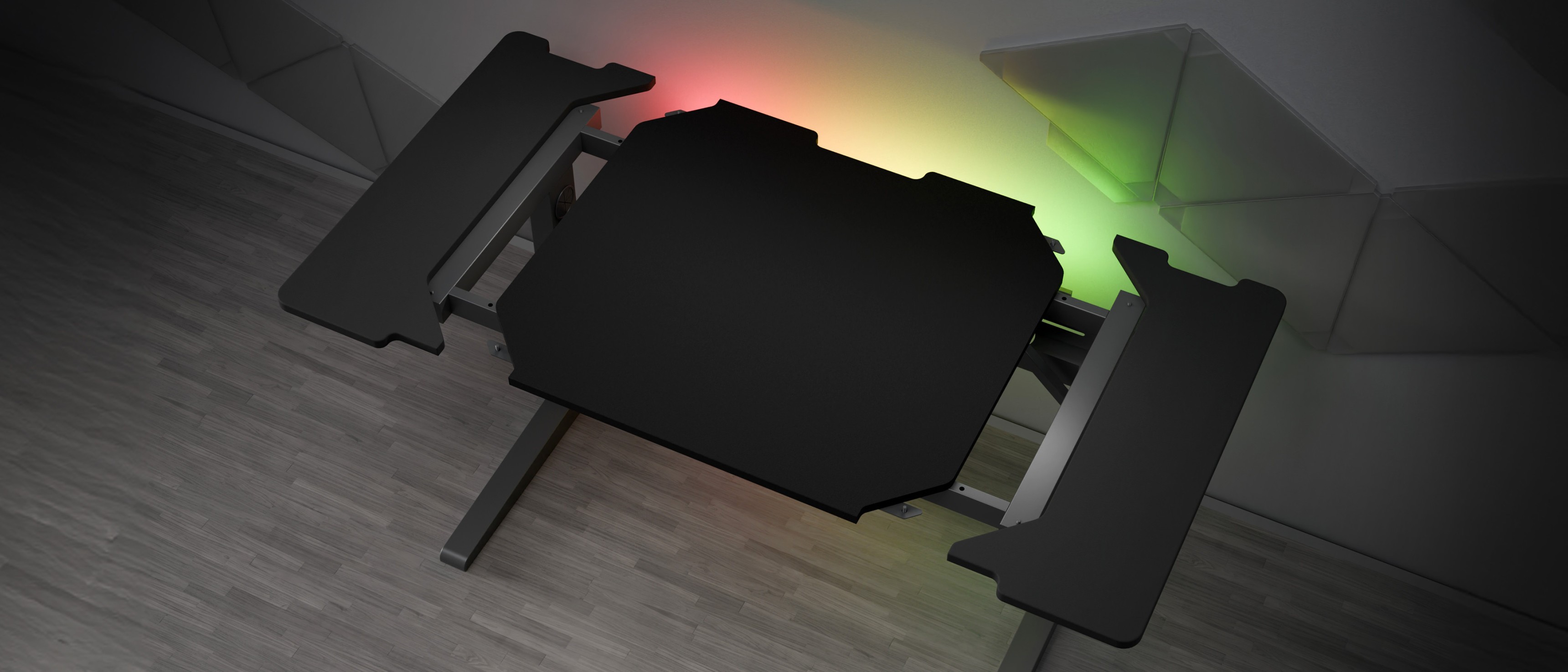 Bureau de jeu modulaire avec une surface noire élégante et un éclairage RVB personnalisable sur les bords.