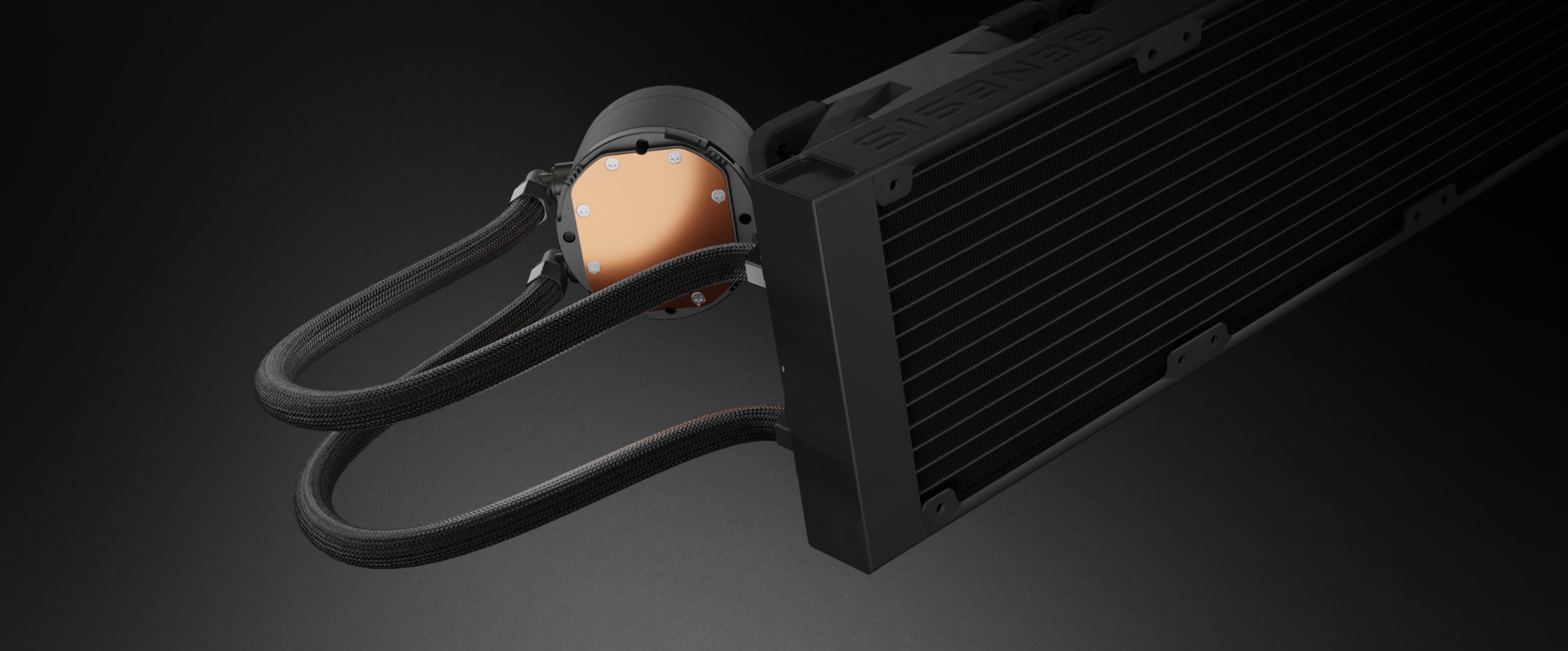 Système de refroidissement liquide Genesis Hydria 360 noir comprenant un radiateur et une pompe avec double tubulure.