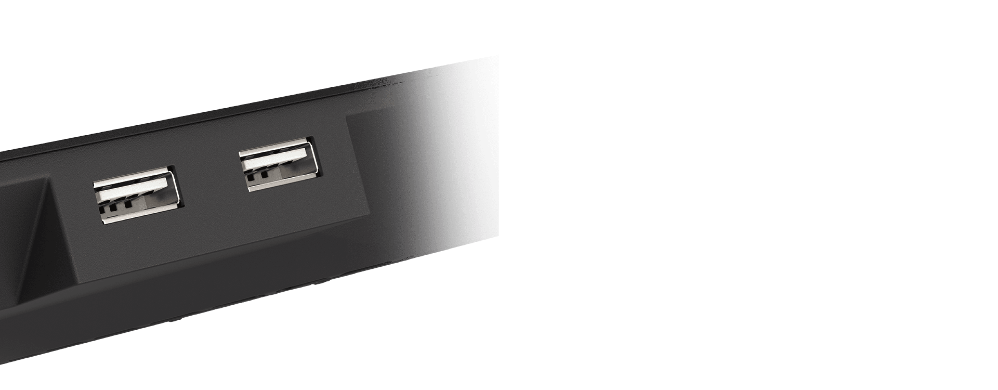 Gros plan sur les ports USB du coussin réfrigérant pour ordinateur portable Genesis OXID 450 RGB. Dispose de deux connexions USB