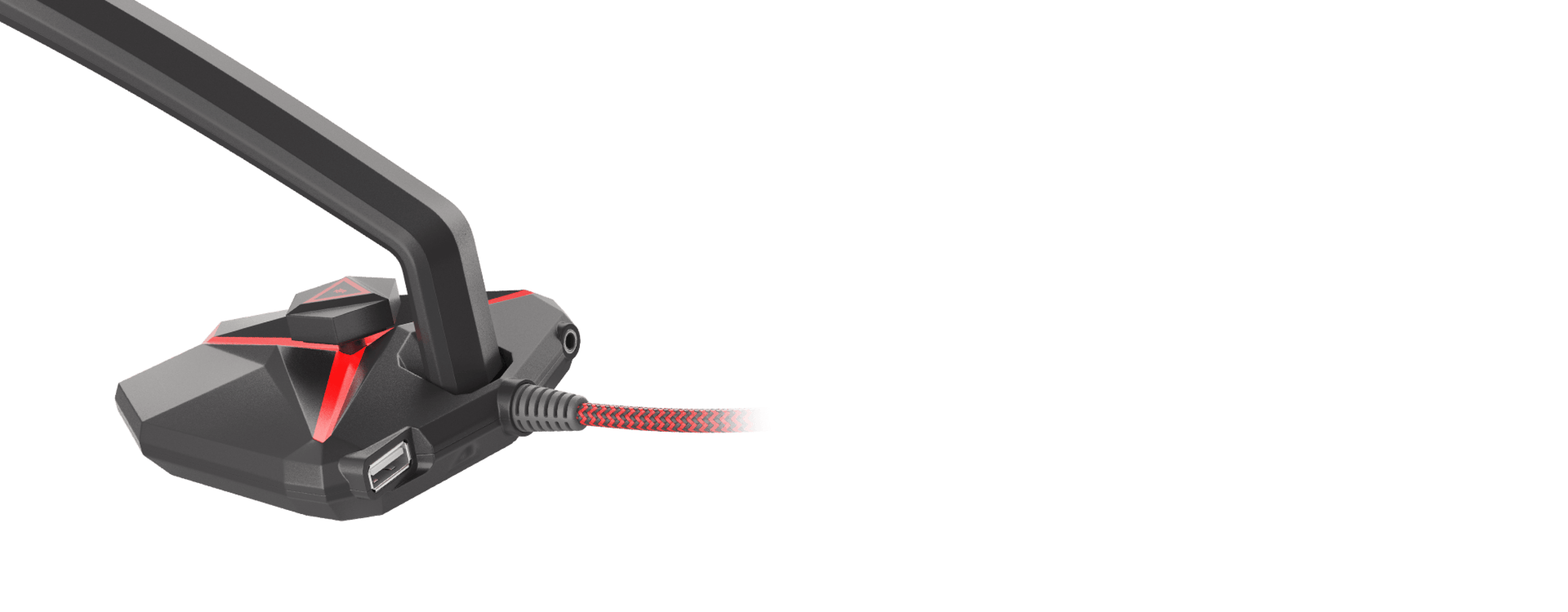 Microphone Genesis Radium 200 noir et rouge avec un bras flexible et un connecteur USB.