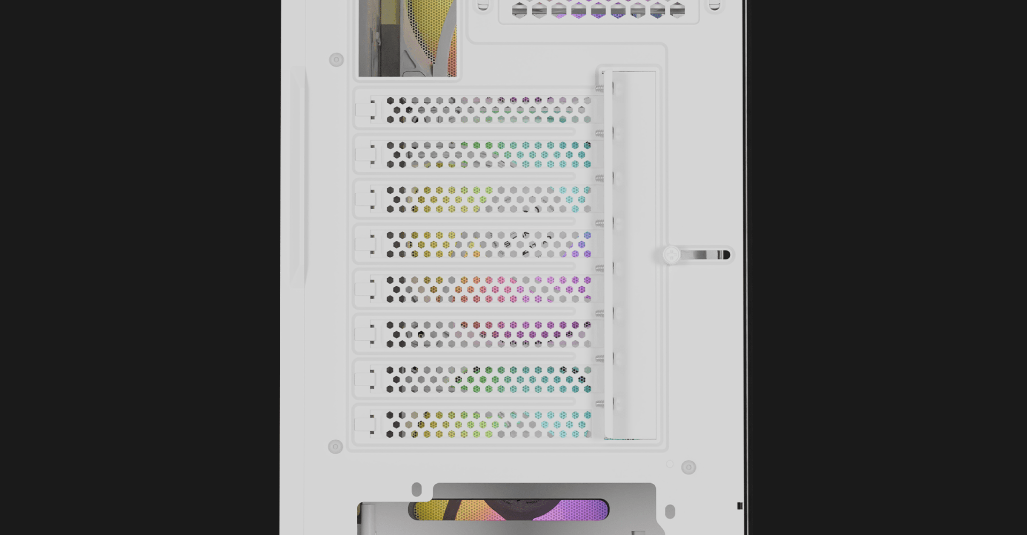 Boîtier PC tour MIDI blanc avec panneau latéral en acrylique et caractéristiques ARGB, mettant en valeur les multiples fentes de ventilation.
