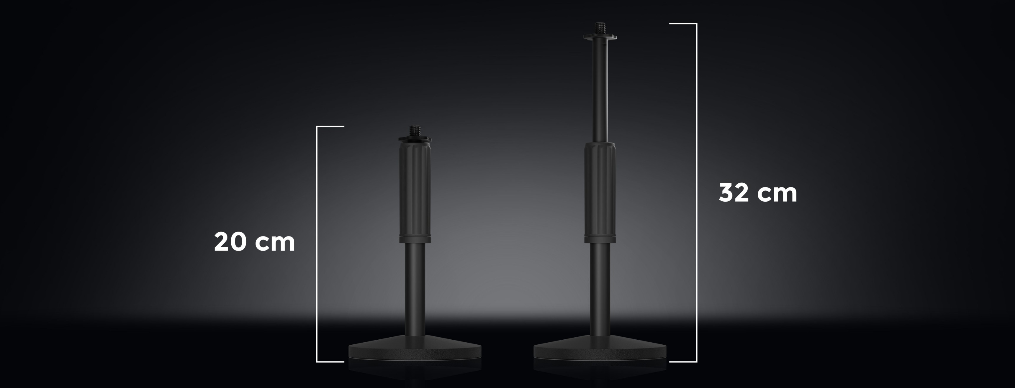 Support de microphone Genesis Thulium 350D présenté en deux hauteurs, 20 cm et 32 cm, sur un fond sombre.