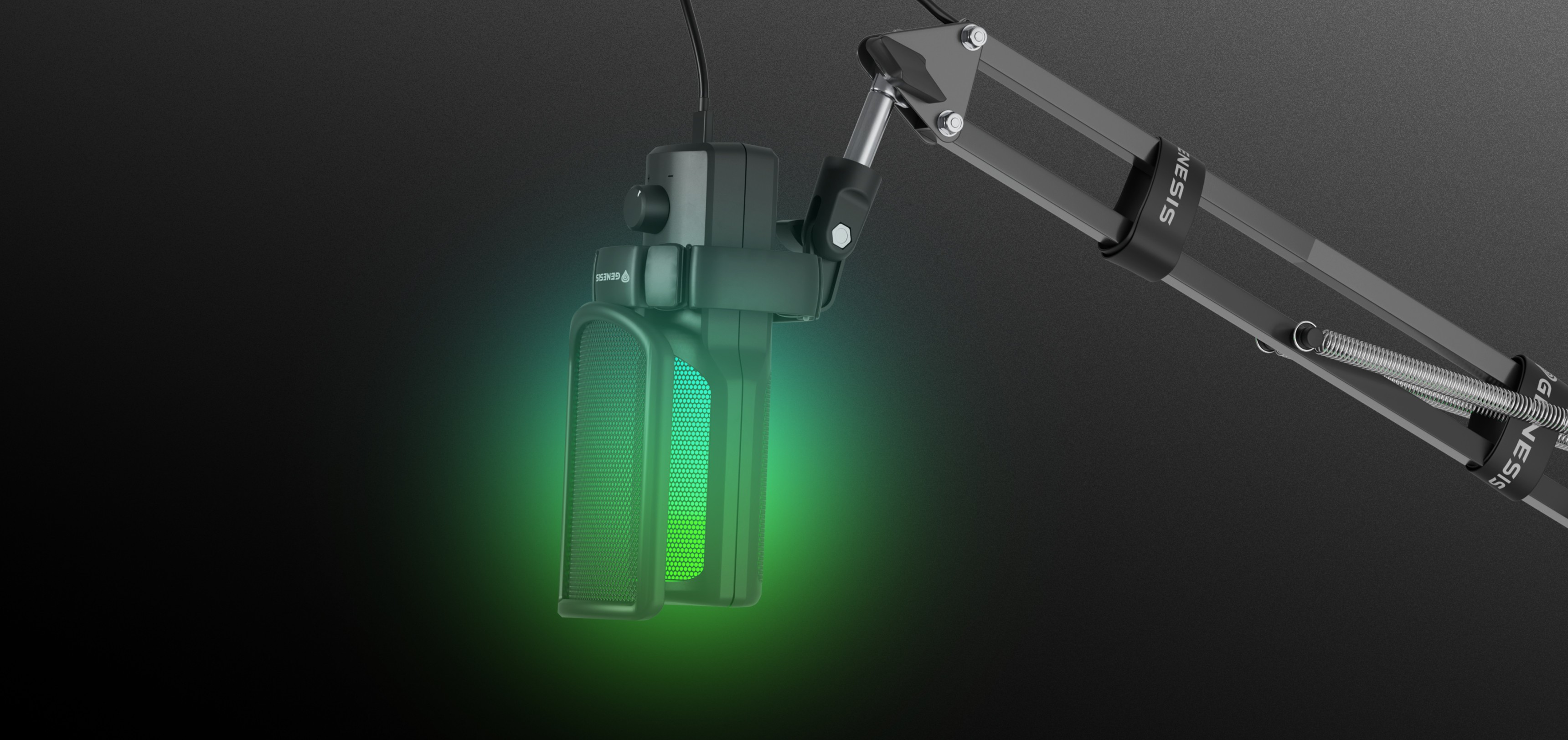 Microphone USB monté sur un bras réglable noir, doté d'un panneau lumineux vert pour un retour d'information visuel.