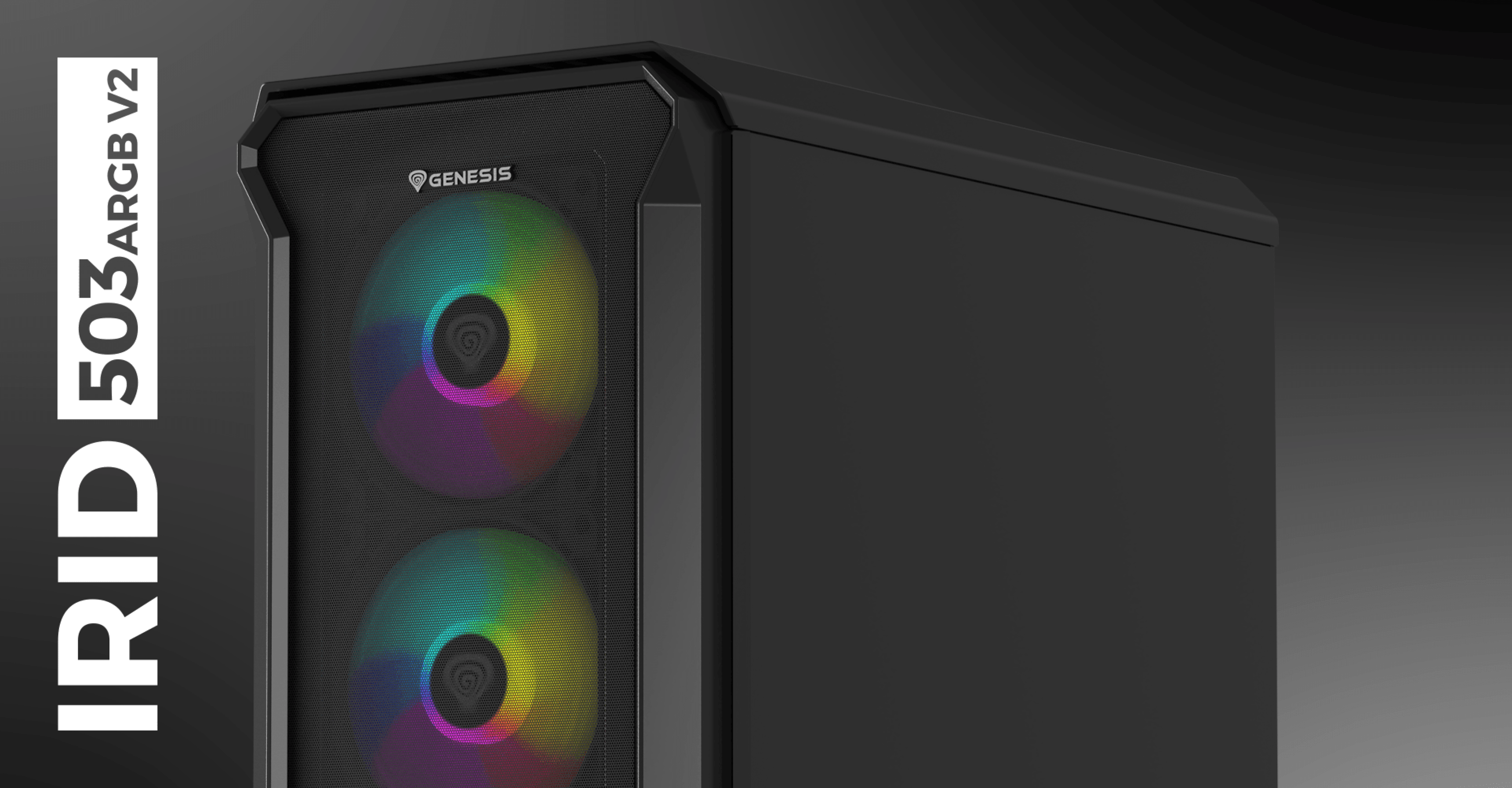 Boîtier mini tour noir avec un panneau latéral en verre et deux ventilateurs RGB frontaux, étiquetés Genesis IRID 503 ARGB V2.