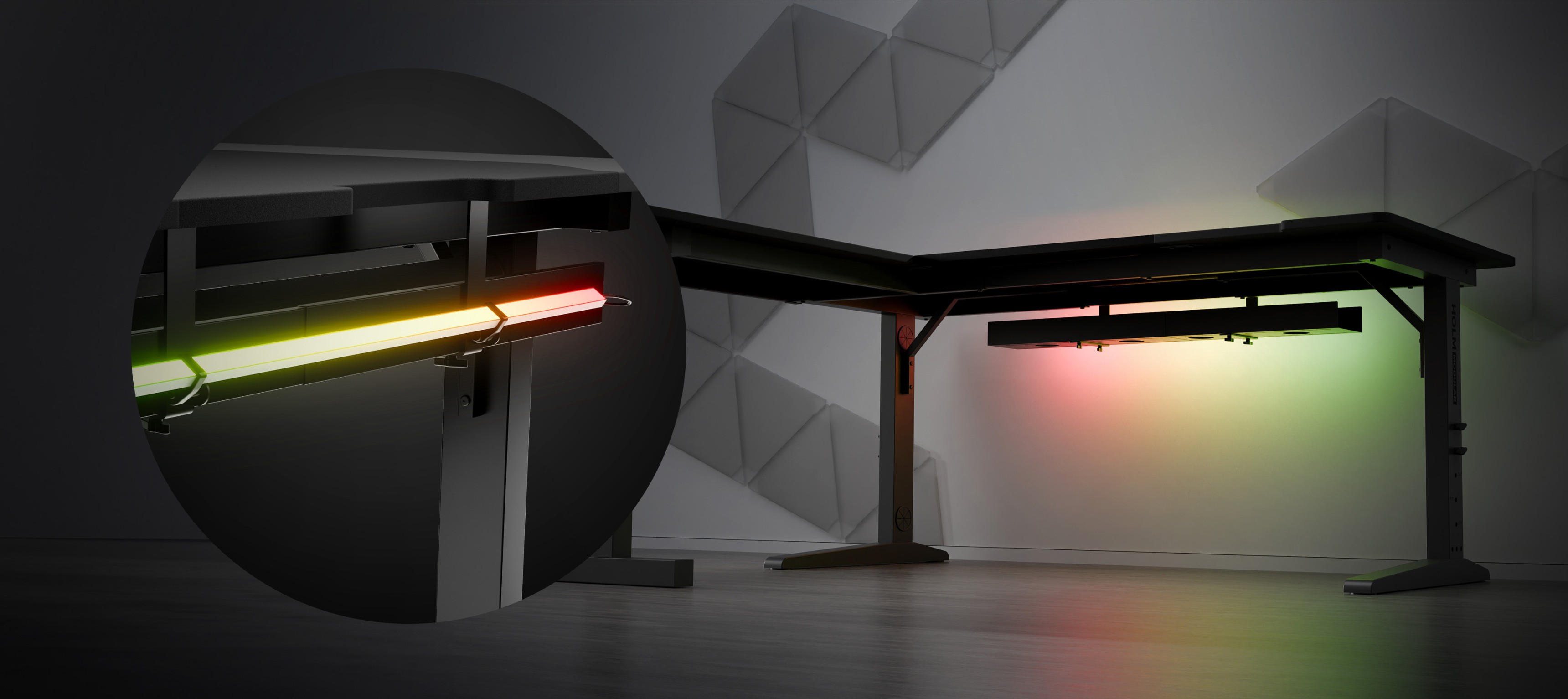 Bureau de jeu d'angle au design modulaire, doté d'un éclairage LED réglable et d'une esthétique épurée et moderne.