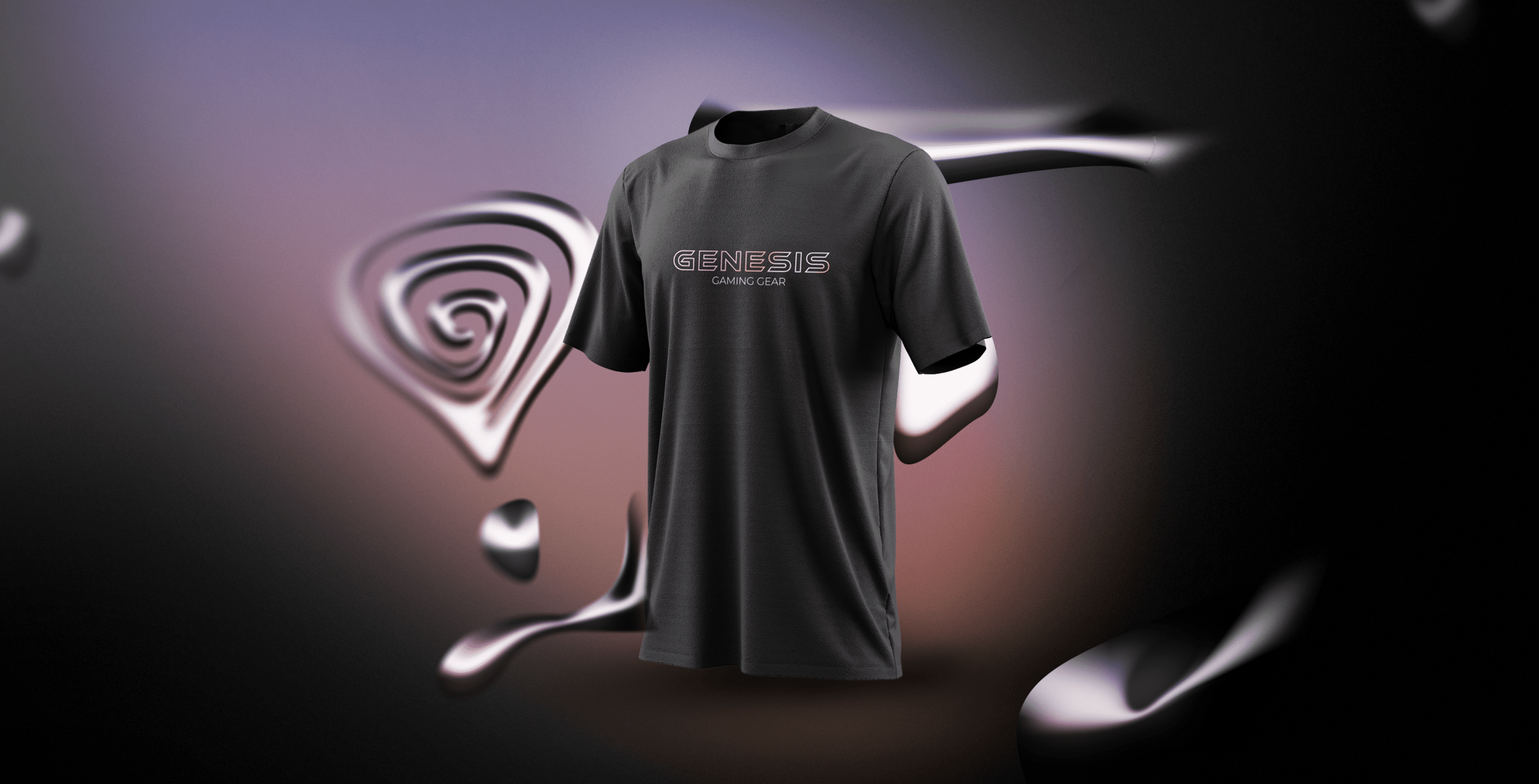 T-shirt noir avec le logo "GENESIS" affiché dans un style holographique réfléchissant sur un fond dégradé.
