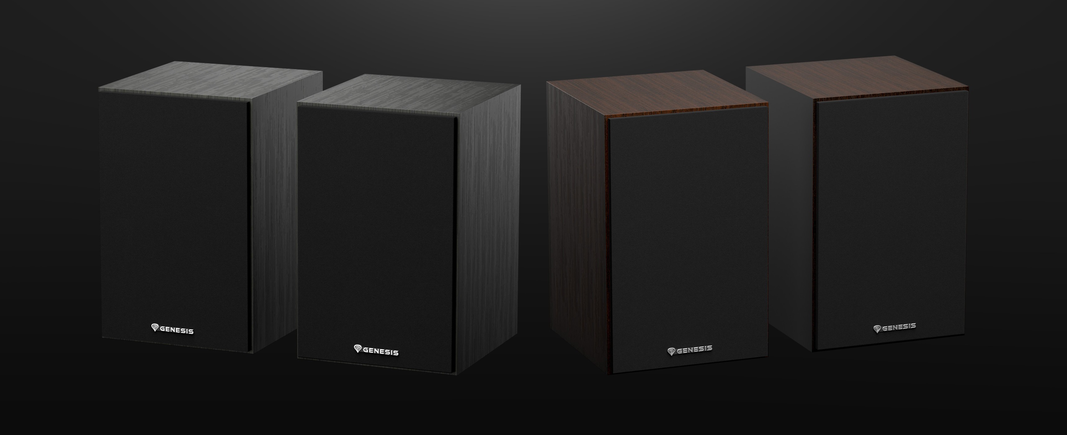 Deux paires d'enceintes Genesis Arsen 302BT en finition noire et bois foncé, présentées sur un fond sombre.