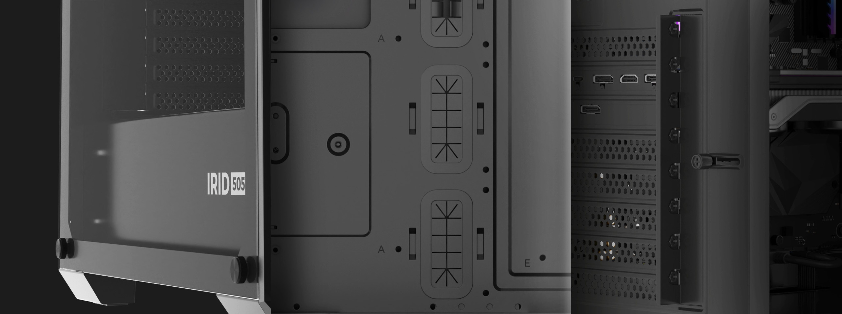 Boîtier tour midi Genesis IRID 505F noir avec panneau latéral transparent, montrant les ports et les caractéristiques de gestion des câbles.
