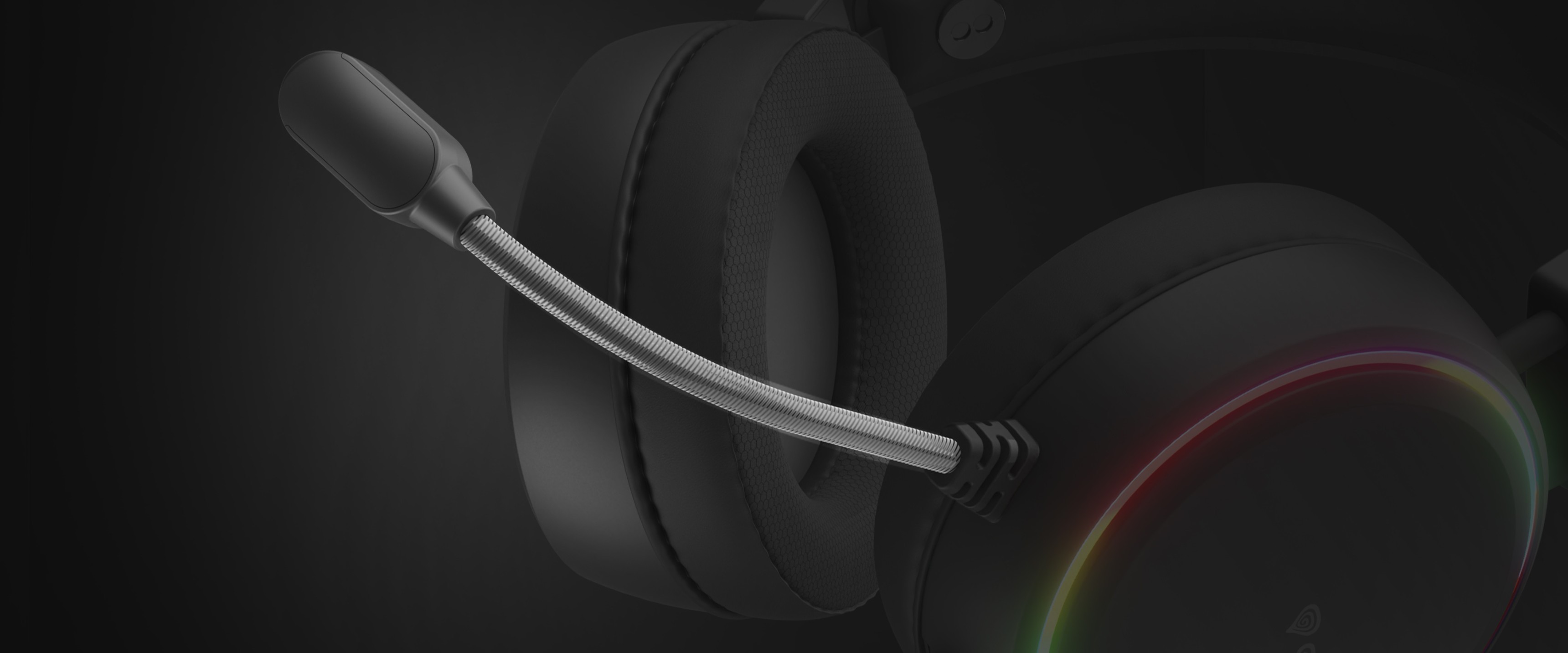 Casque supra-auriculaire noir Genesis Neon 613 G2 RGB avec un microphone flexible et des accents lumineux colorés.