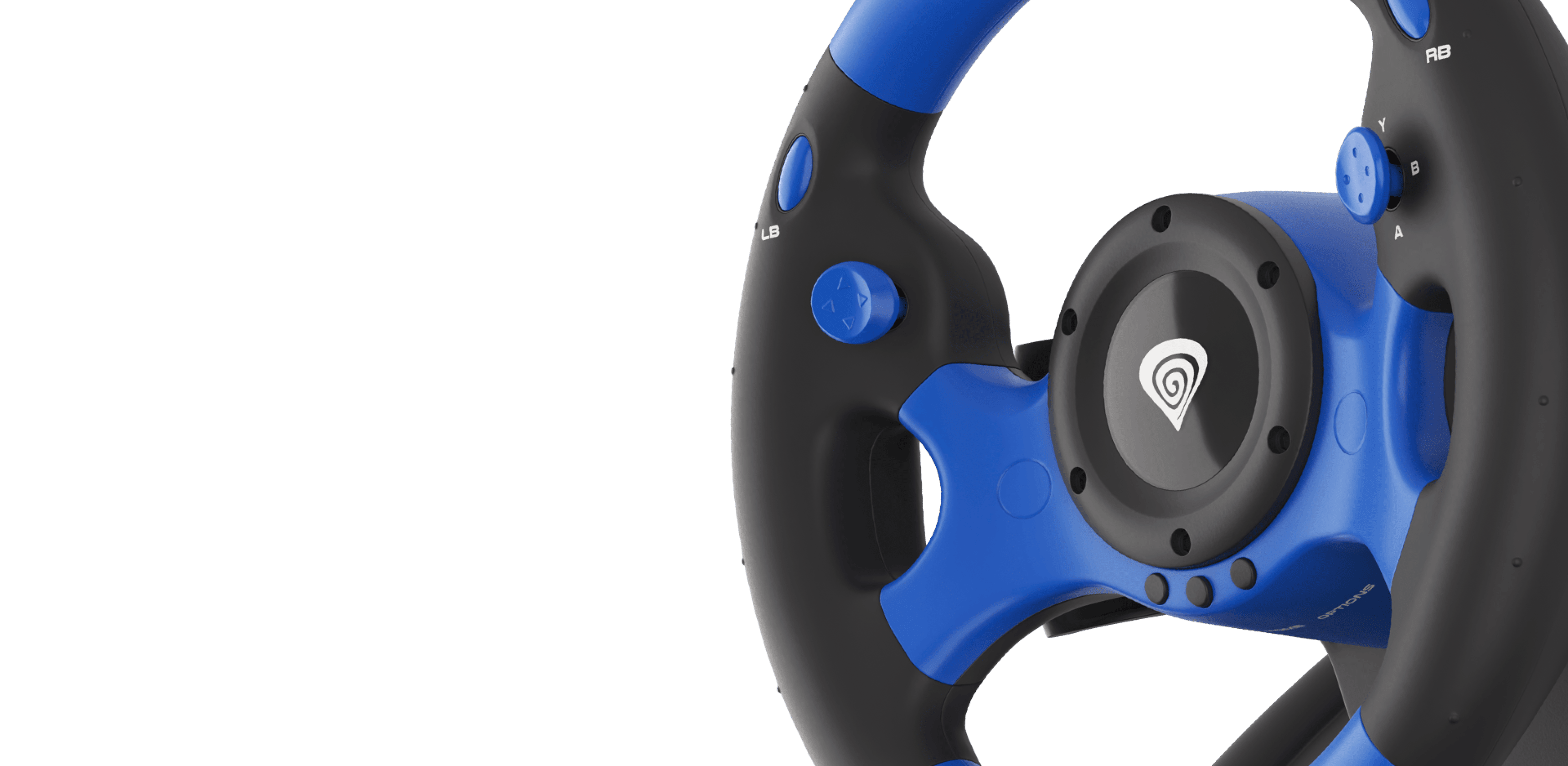 Volant de jeu multiplateforme bleu et noir, doté de boutons et de poignées pour une expérience de jeu améliorée.