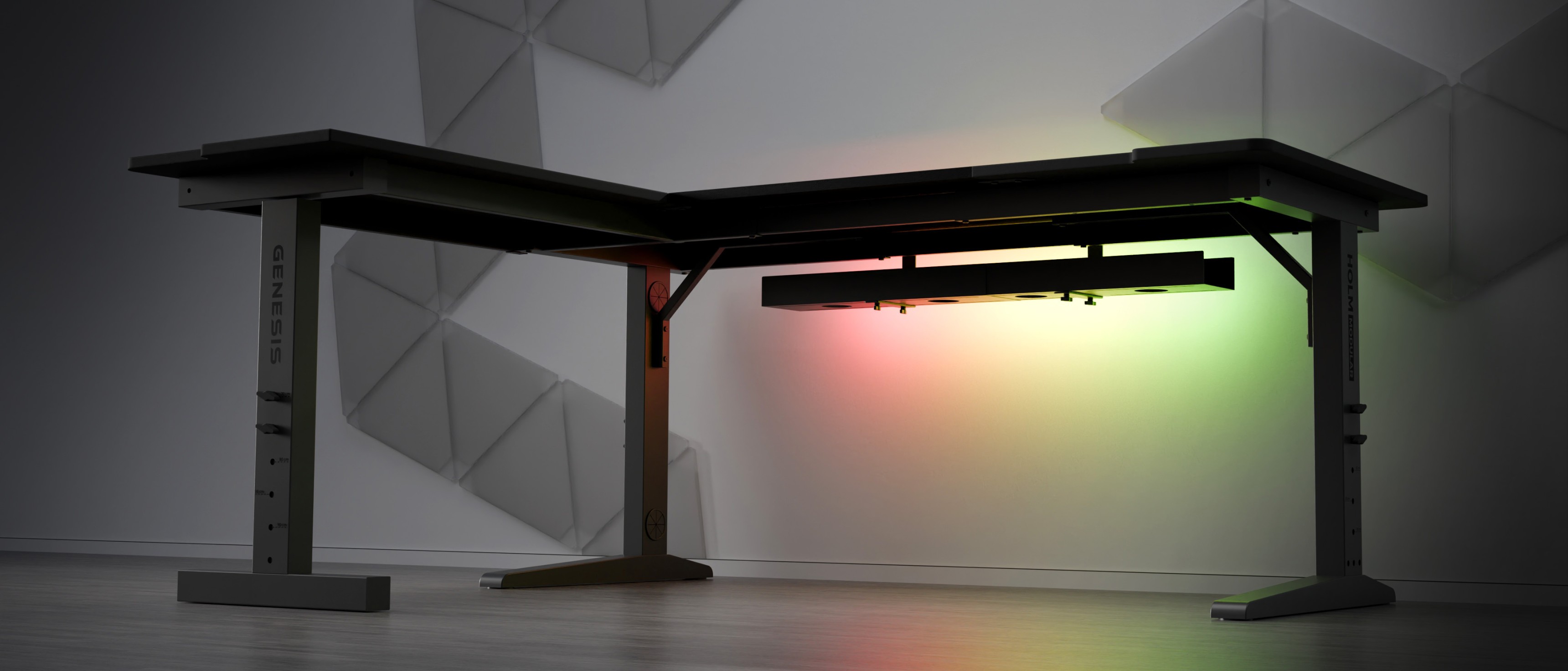 Ensemble de bureau de jeu en coin Genesis Holm Modular 160, doté d'un design épuré et d'un éclairage LED en dessous.