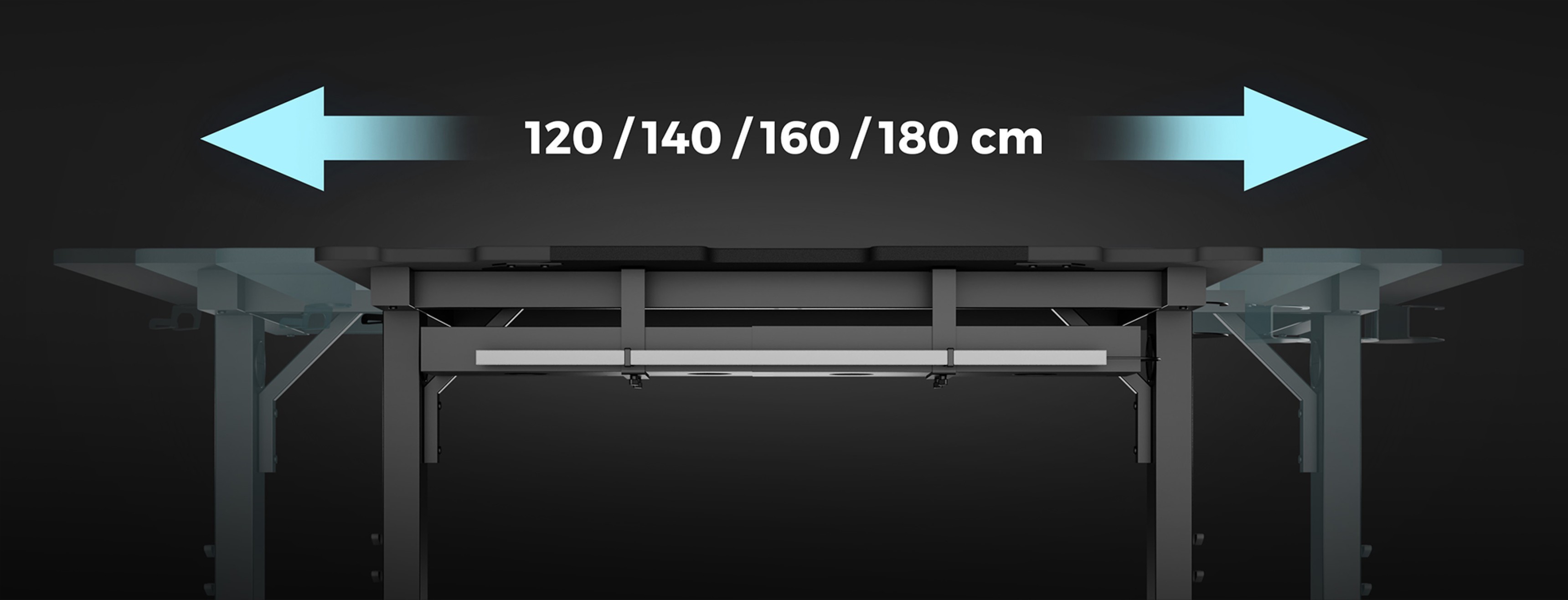 Bureau de jeu modulaire avec des tailles réglables : 120/140/160/180 cm, doté d'un design robuste et d'une esthétique moderne.