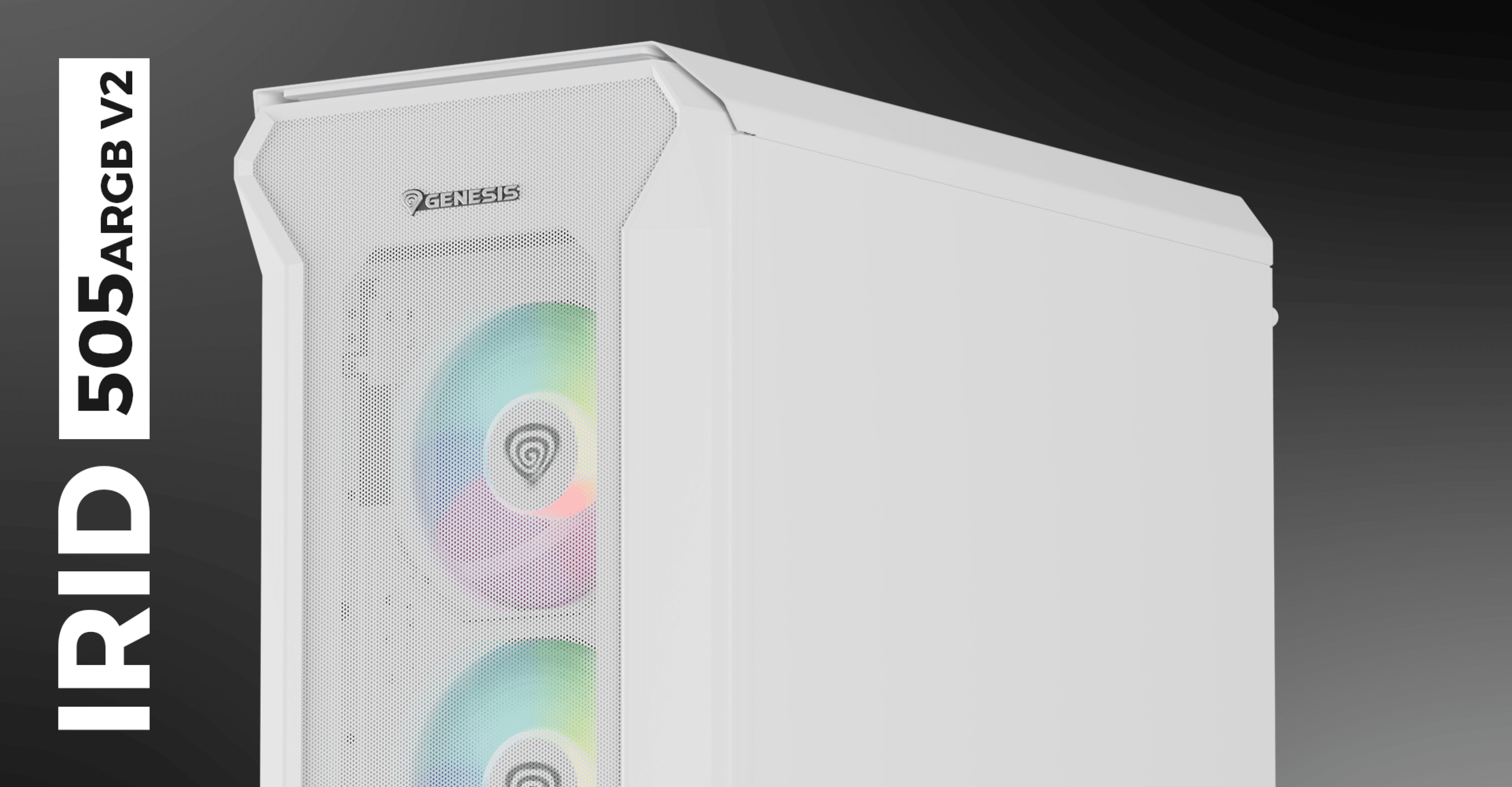 Boîtier tour midi Genesis Irid 505 ARGB V2 blanc avec une fenêtre latérale transparente et des ventilateurs ARGB vibrants.