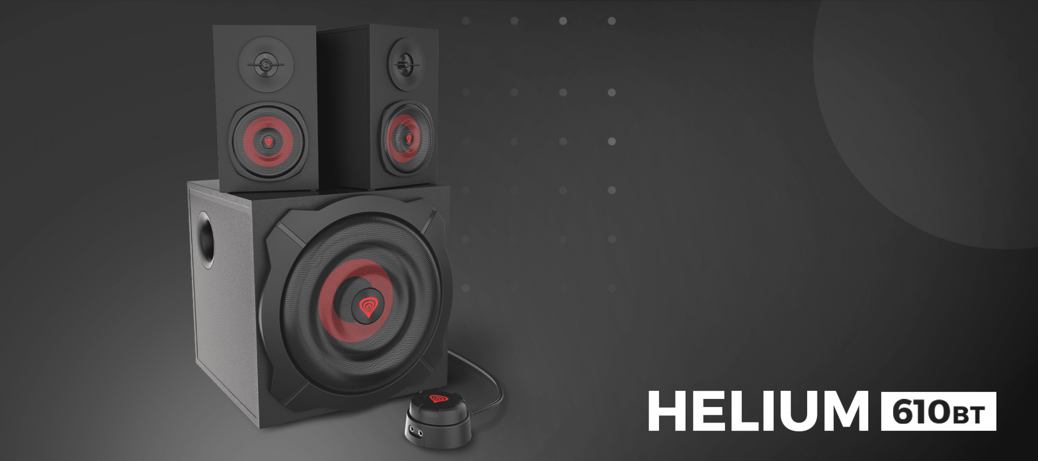 Enceintes Genesis Helium 610BT noires offrant un système 2.1 avec une télécommande filaire, conçues pour une puissance de sortie de 60 W RMS.