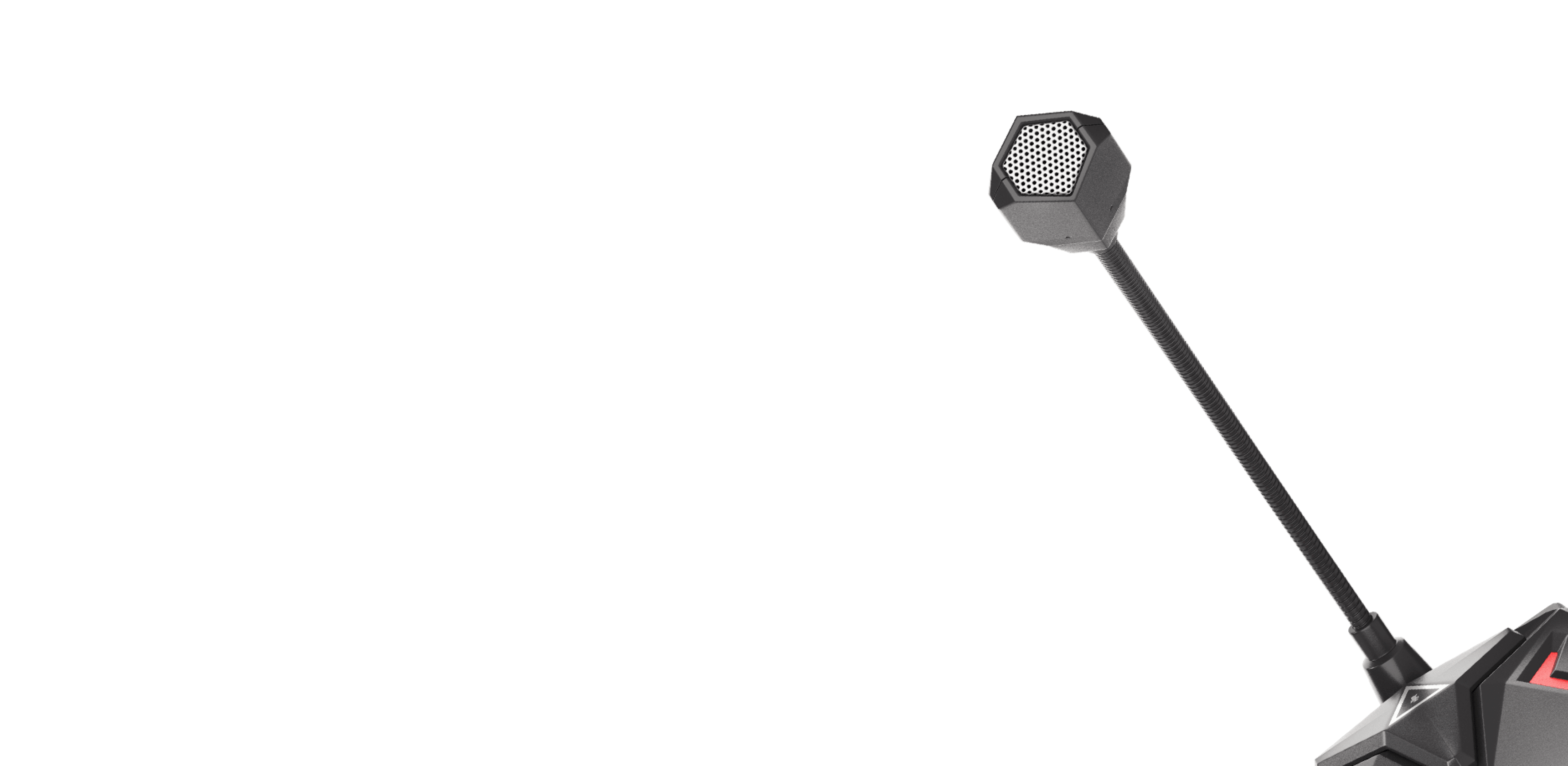 Microphone noir avec une tête hexagonale et un bras flexible, positionné sur un support, conçu pour les jeux ou l'utilisation en streaming.