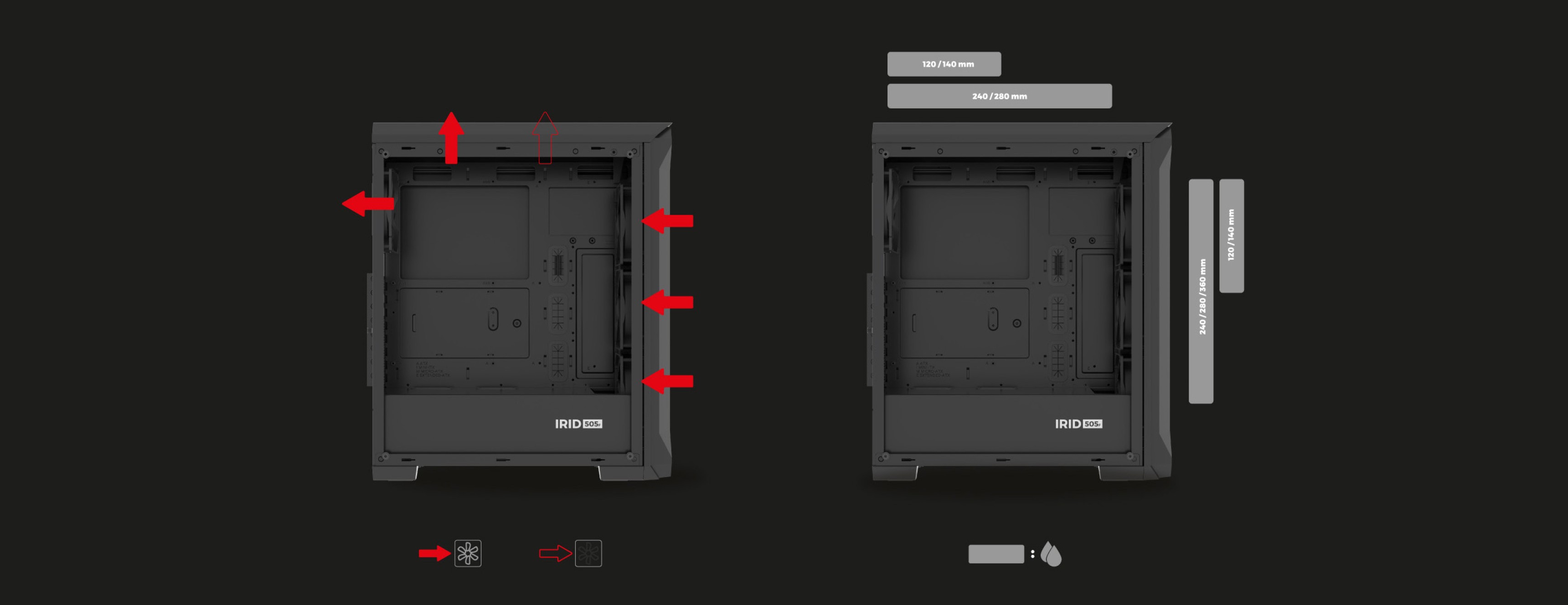 Boîtier tour MIDI noir Genesis Irid 505F avec fenêtre transparente, affichant la disposition interne et les points de montage des composants.