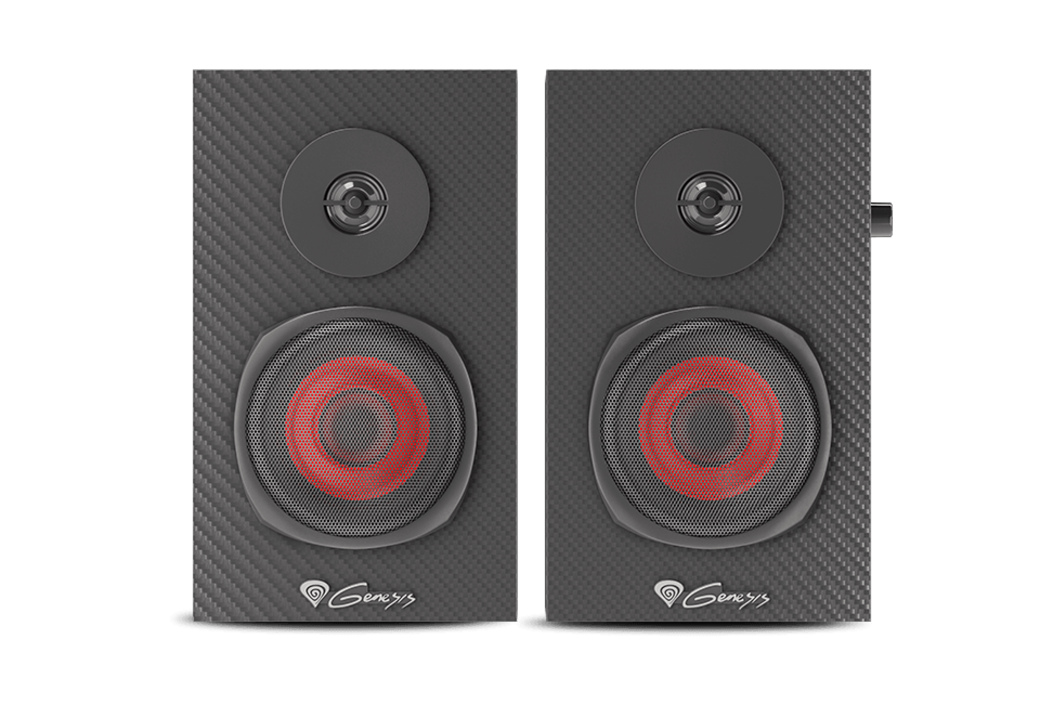 Deux haut-parleurs noirs de Genesis Helium 200, présentant un design élégant avec des accents rouges et des surfaces texturées.