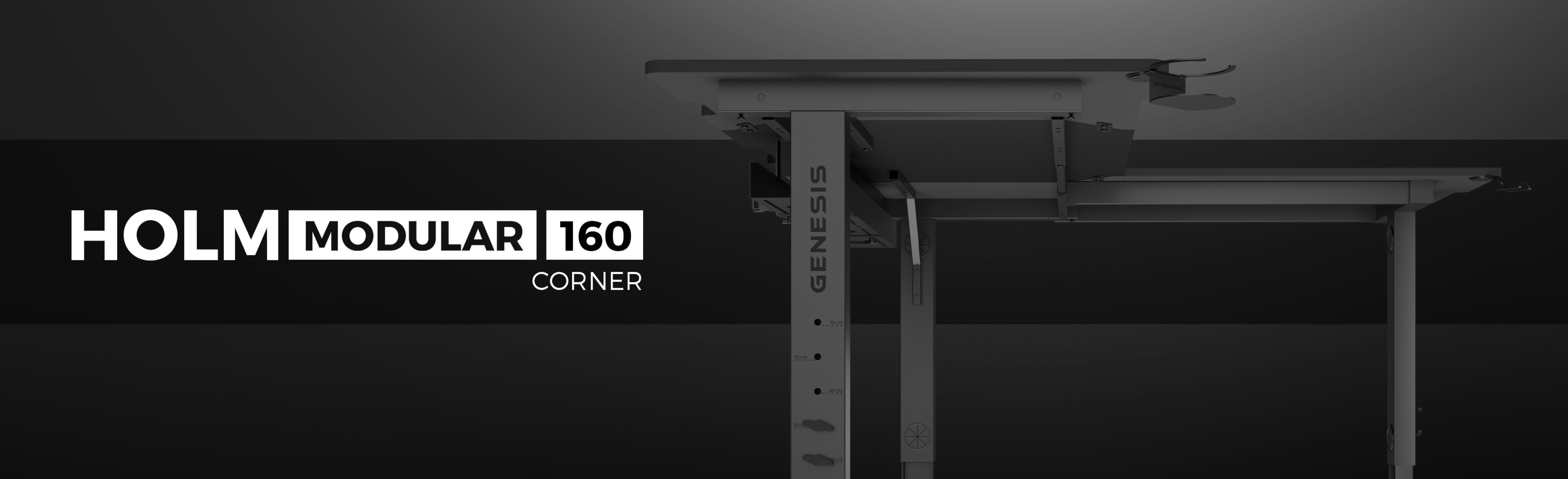Bureau de jeu d'angle au design épuré, doté d'un cadre robuste et d'une configuration modulaire, étiqueté GENESIS HOLM MODULAR 160.