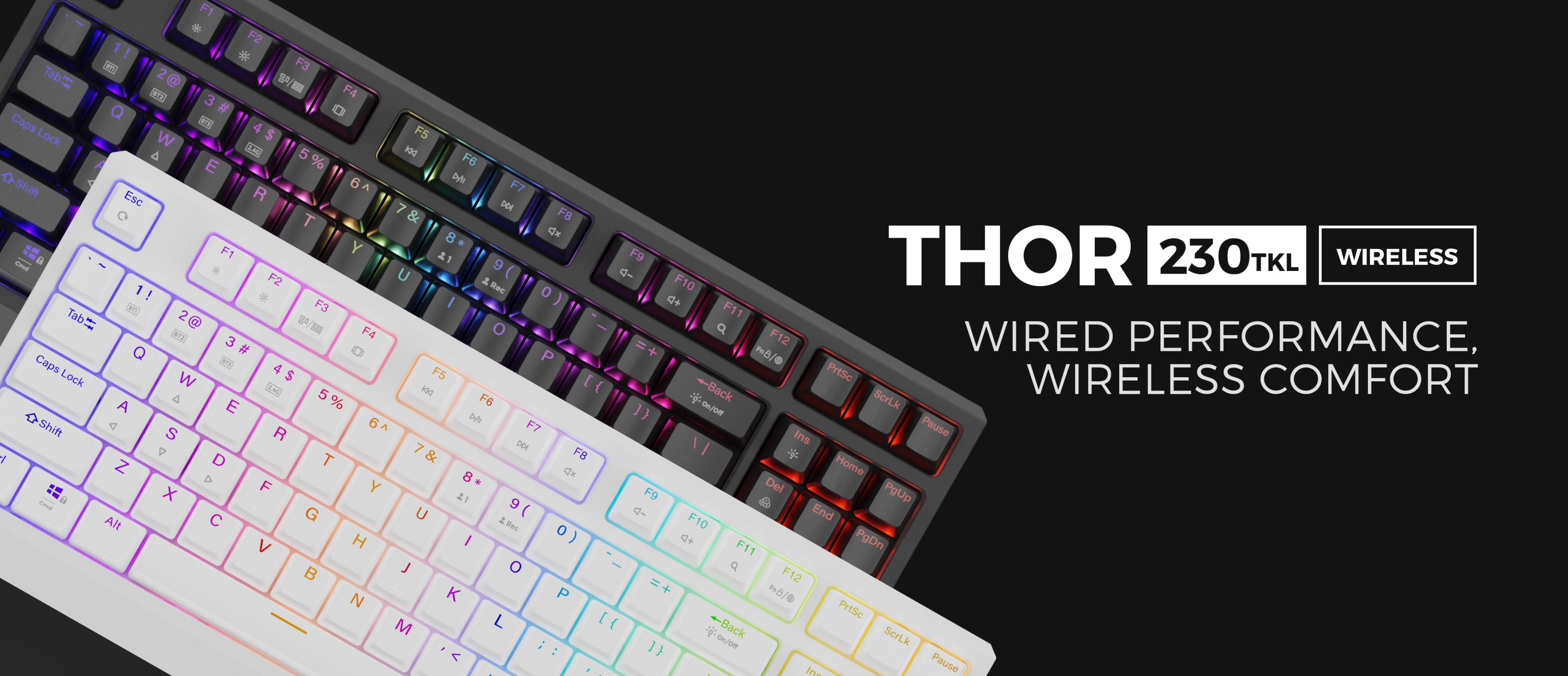 Clavier de jeu mécanique sans fil avec rétroéclairage RVB, doté d'un design TKL compact en noir et blanc.