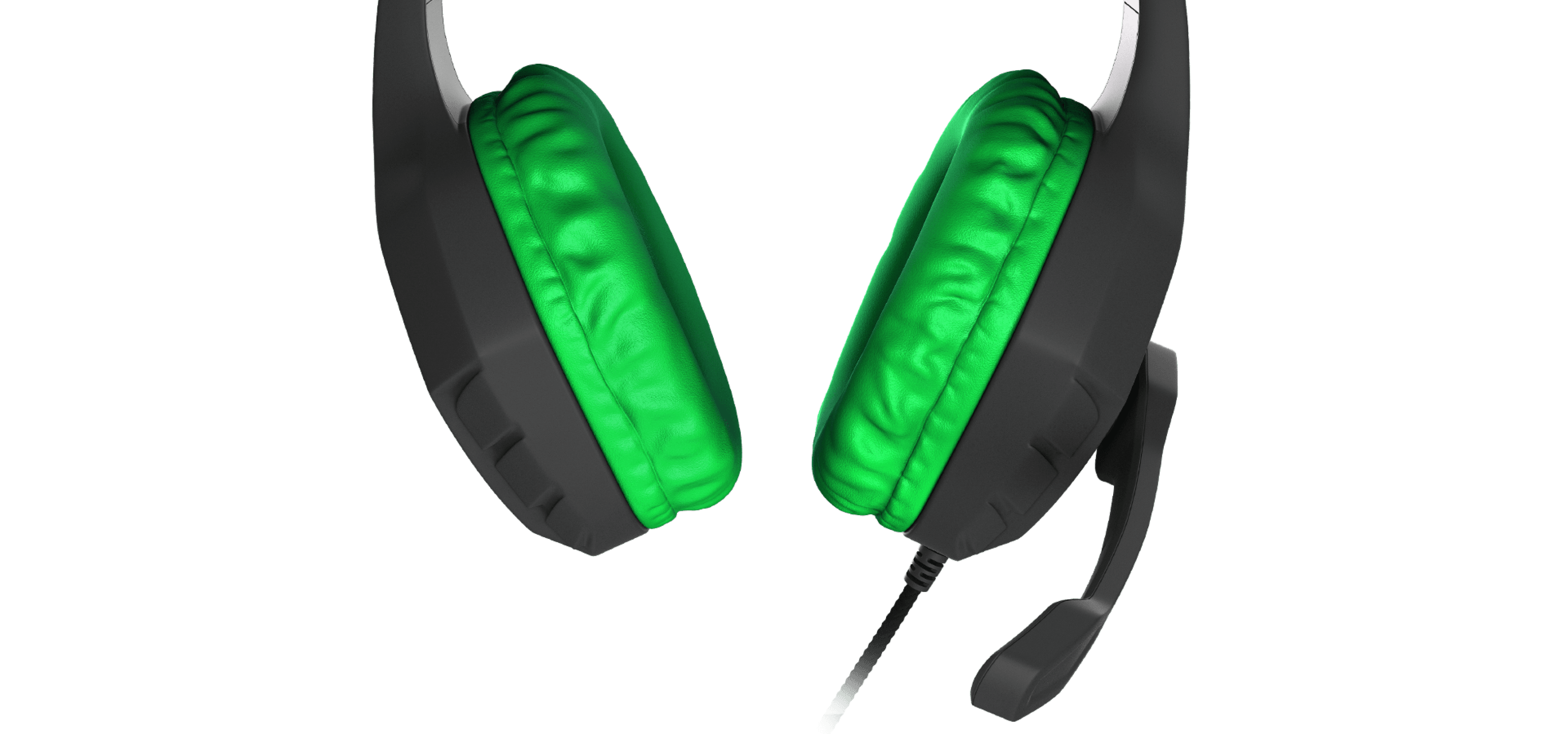 Casque supra-auriculaire noir et vert avec microphone, doté de coussinets souples pour le confort.