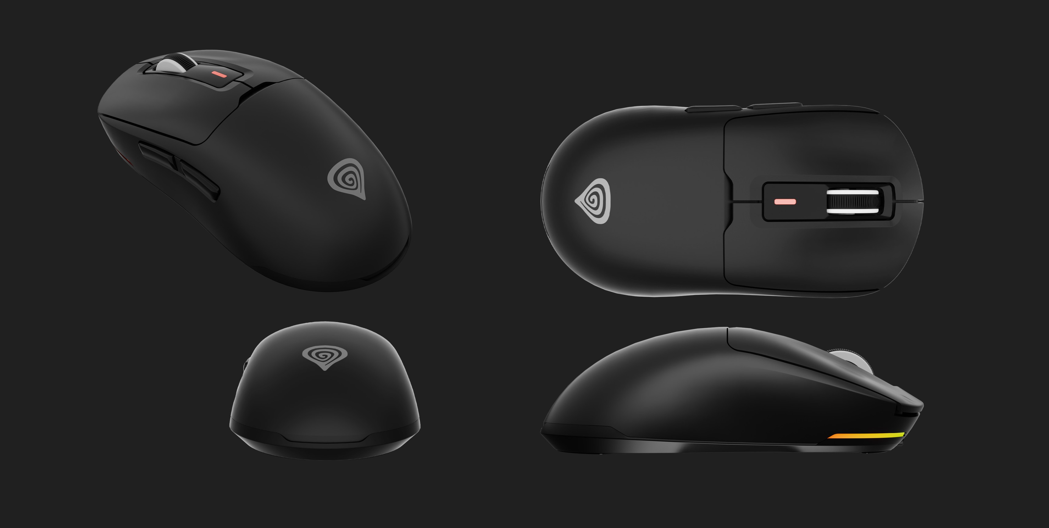 Souris de jeu sans fil Genesis Zircon 660, noire, avec DPI réglable jusqu'à 12 000, présentée sous plusieurs angles.