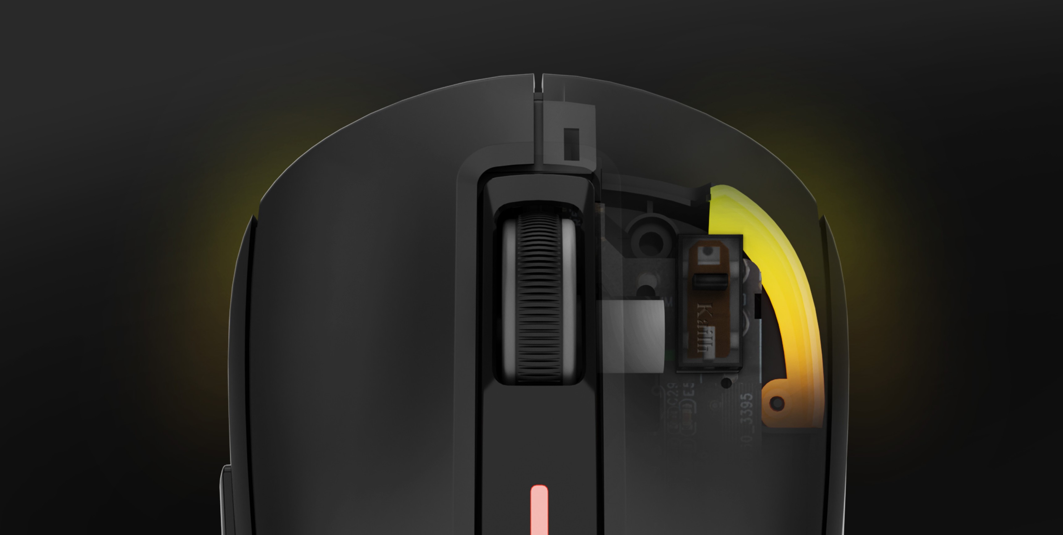 Vue rapprochée de la souris de jeu sans fil Genesis Zircon 660 Pro, mettant en évidence les composants internes et l'éclairage LED.