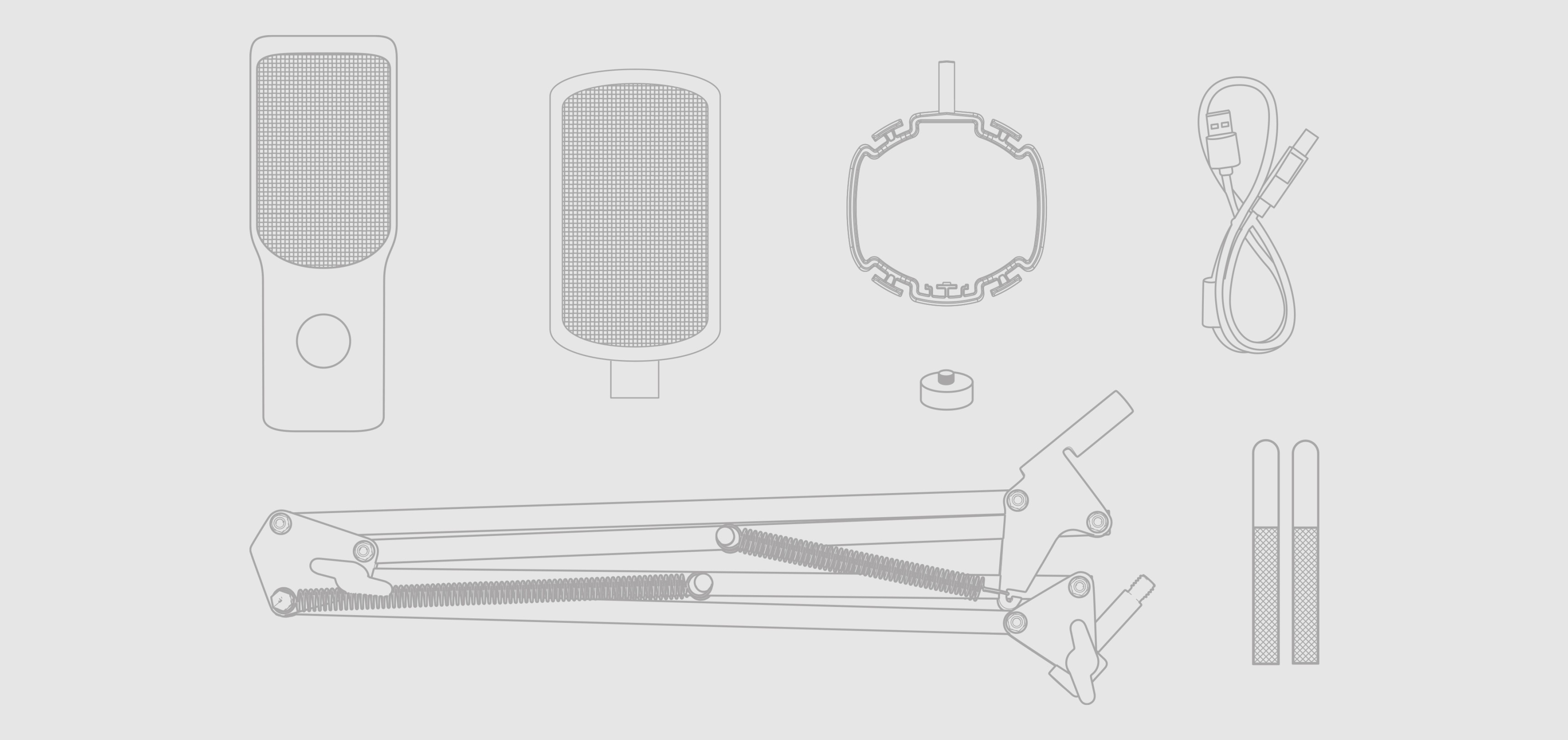 Ensemble de microphones comprenant le microphone Genesis Radium 251 USB, un bras, un support de choc, un câble et des vis pour l'installation.