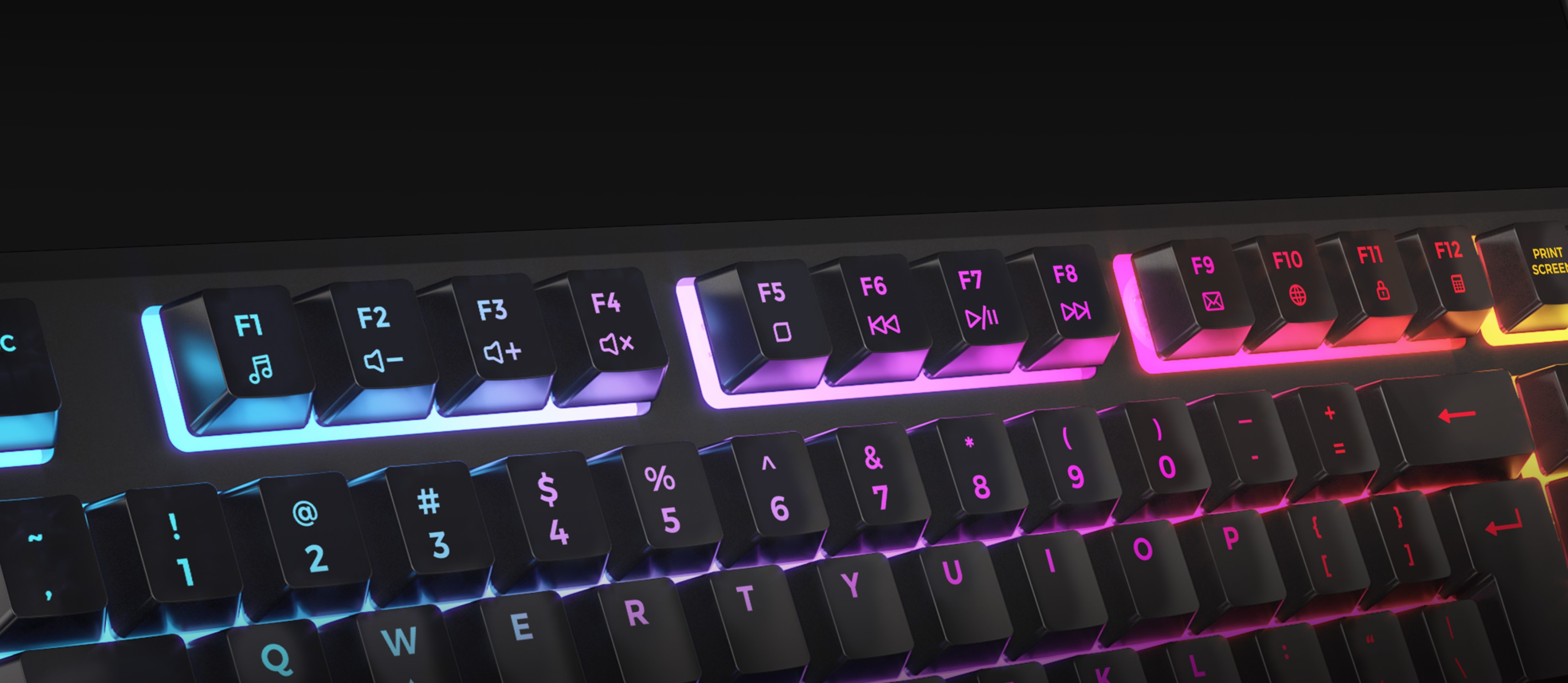 Clavier de jeu RVB avec rétroéclairage personnalisable, présentant des couleurs éclatantes sur les touches et les commandes multimédias.