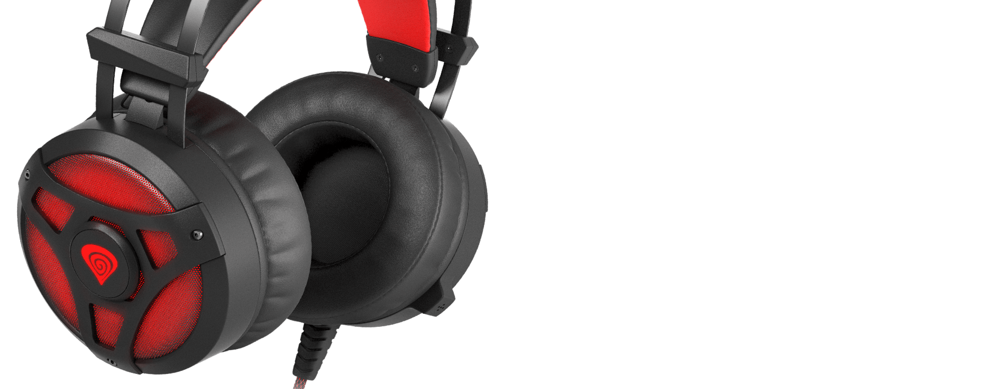 Casque supra-auriculaire noir et rouge doté d'un microphone intégré et d'un design éclairé.