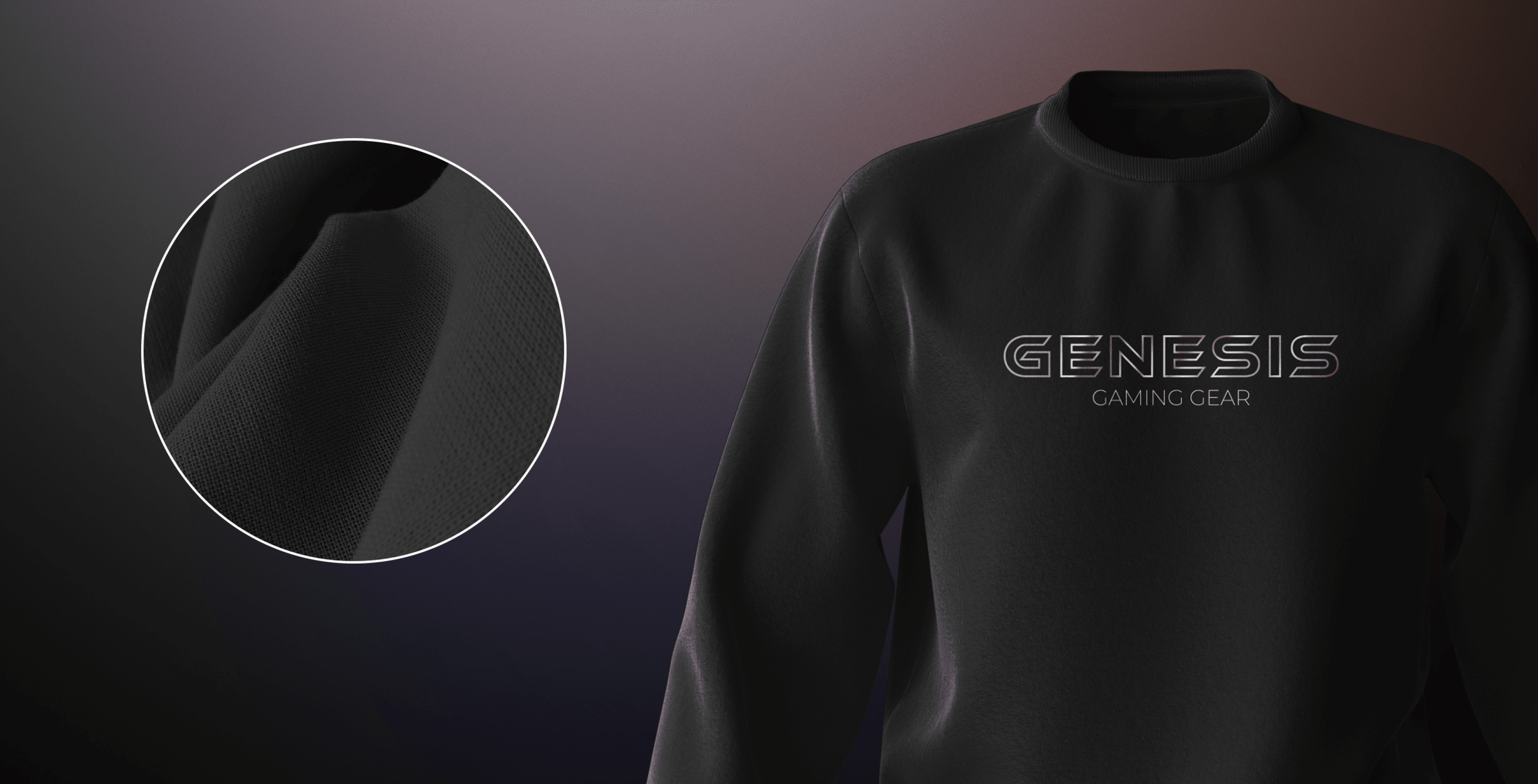 Sweat-shirt de jeu noir arborant le logo "GENESIS GAMING GEAR", détails mis en évidence de la texture du tissu.