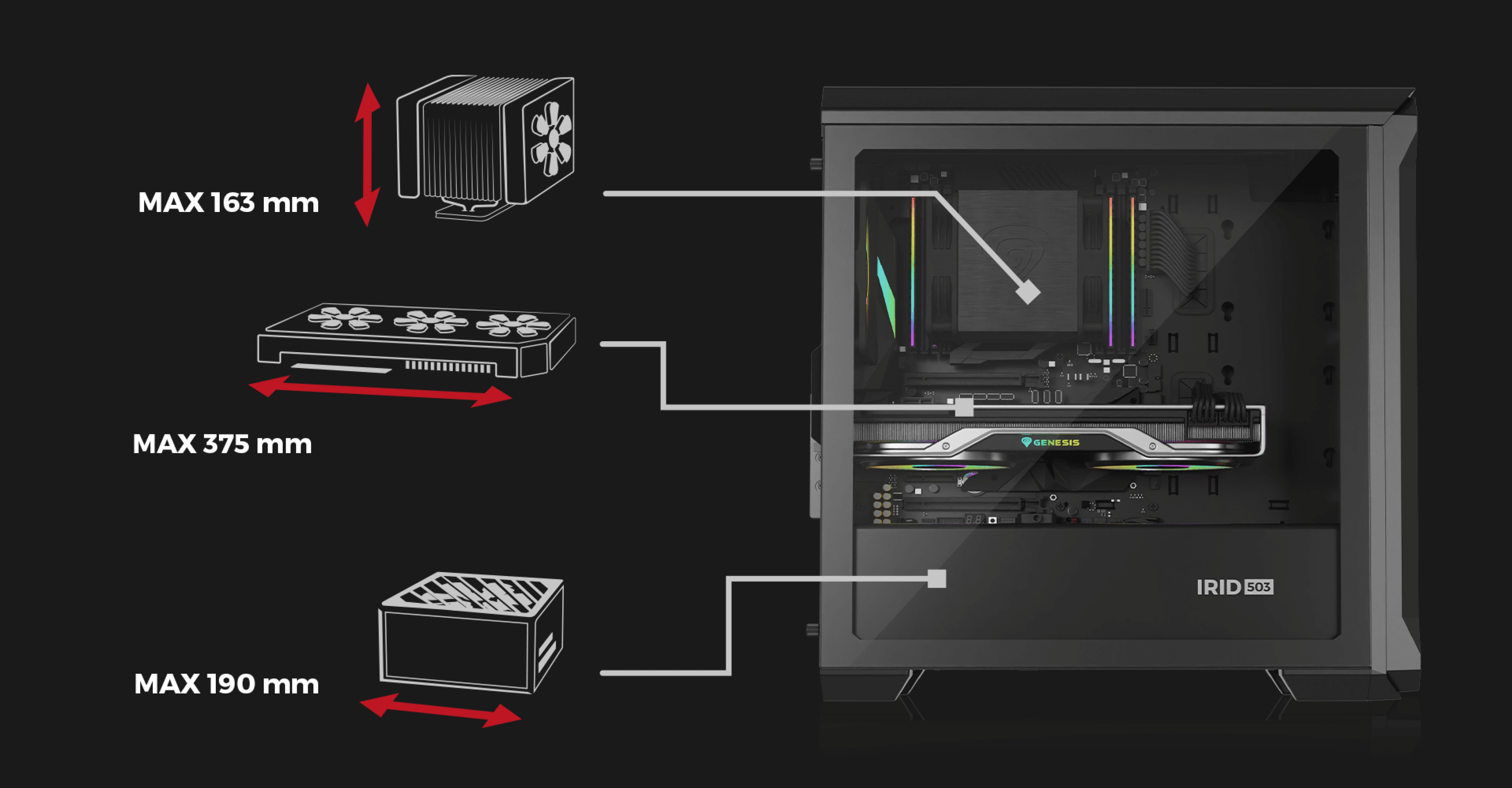 Boîtier mini tour Genesis Irid 503 ARGB V2 MATX noir mettant en valeur les composants internes avec les spécifications de hauteur et de longueur maximales illustrées.
