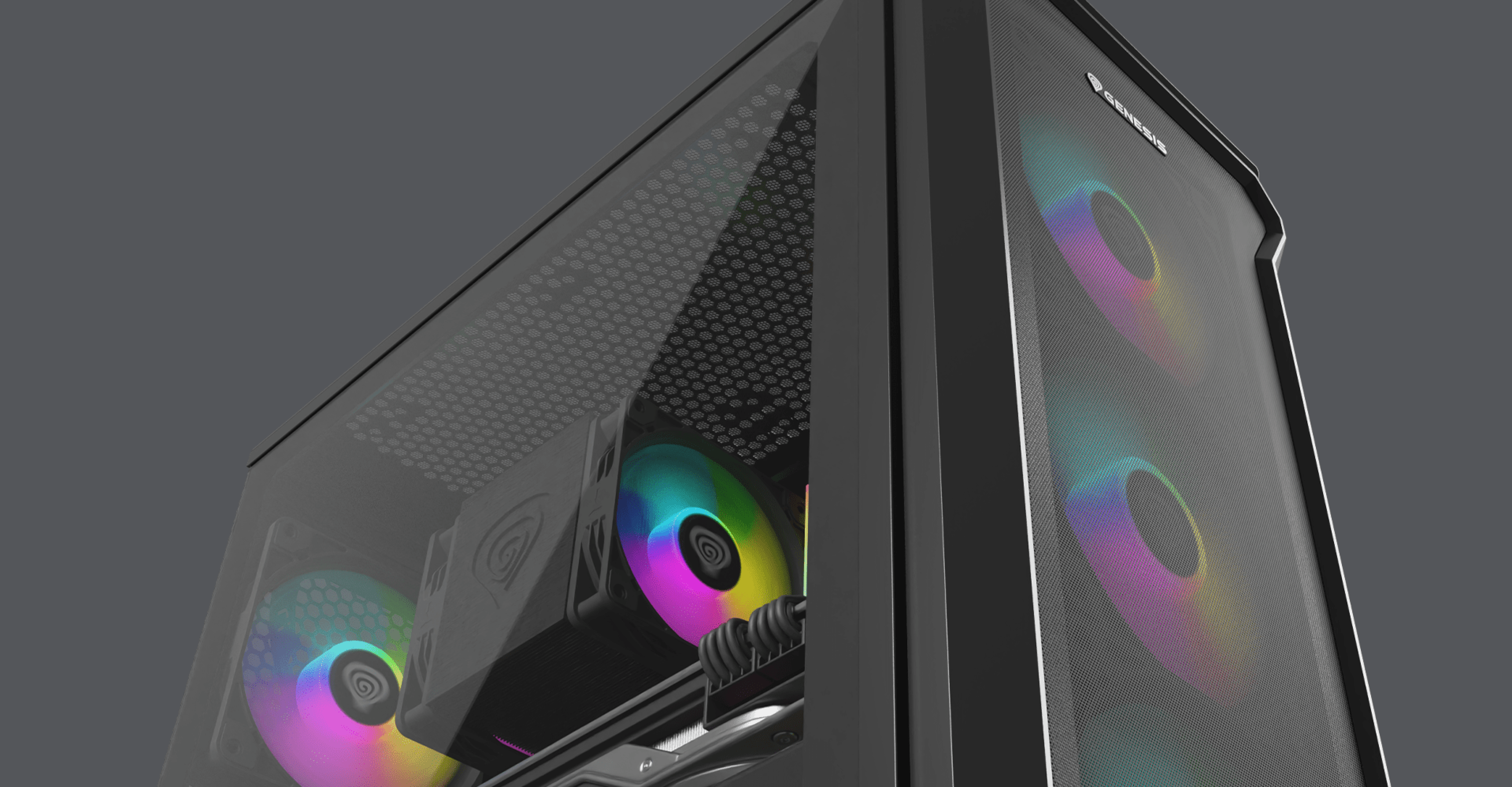 Boîtier PC mini tour noir, Genesis Irid 503 ARGB V2, doté d'un panneau latéral transparent et de ventilateurs RVB colorés.