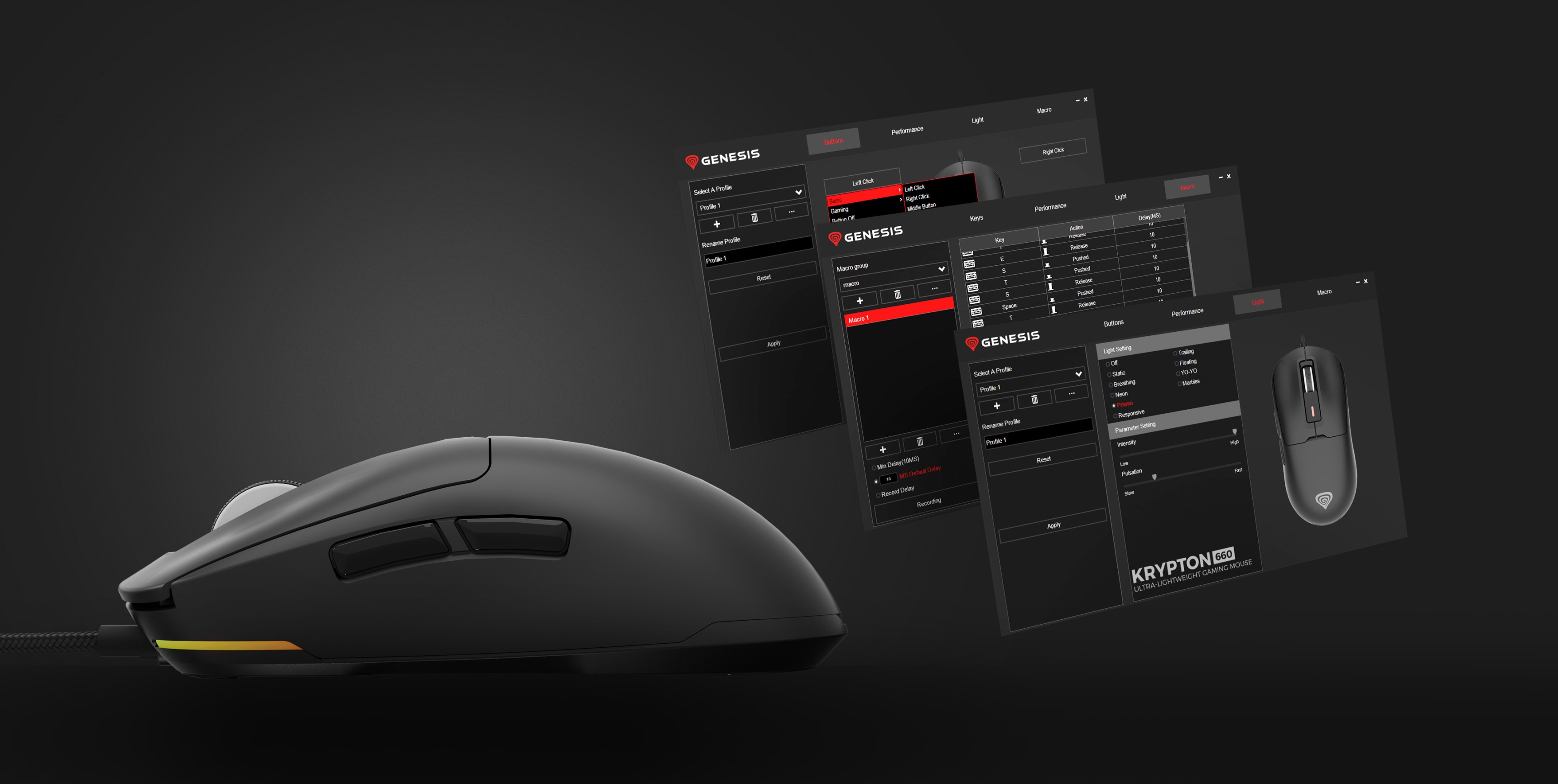 Souris de jeu noire avec éclairage RVB, affichant les paramètres DPI réglables et l'interface logicielle sur un fond sombre.