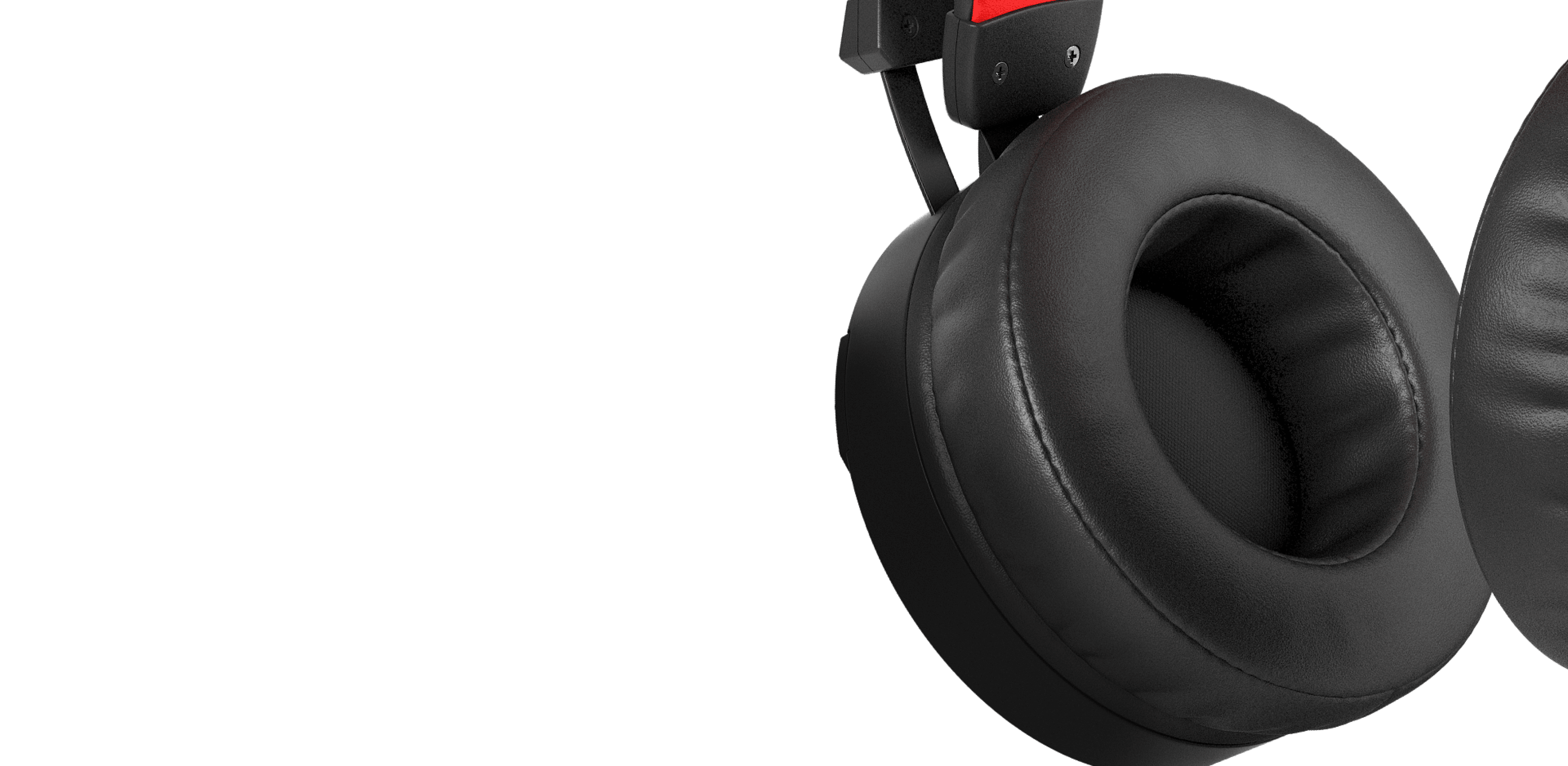 Casque supra-auriculaire noir et rouge avec microphone et éclairage LED, doté de coussinets en peluche pour plus de confort.