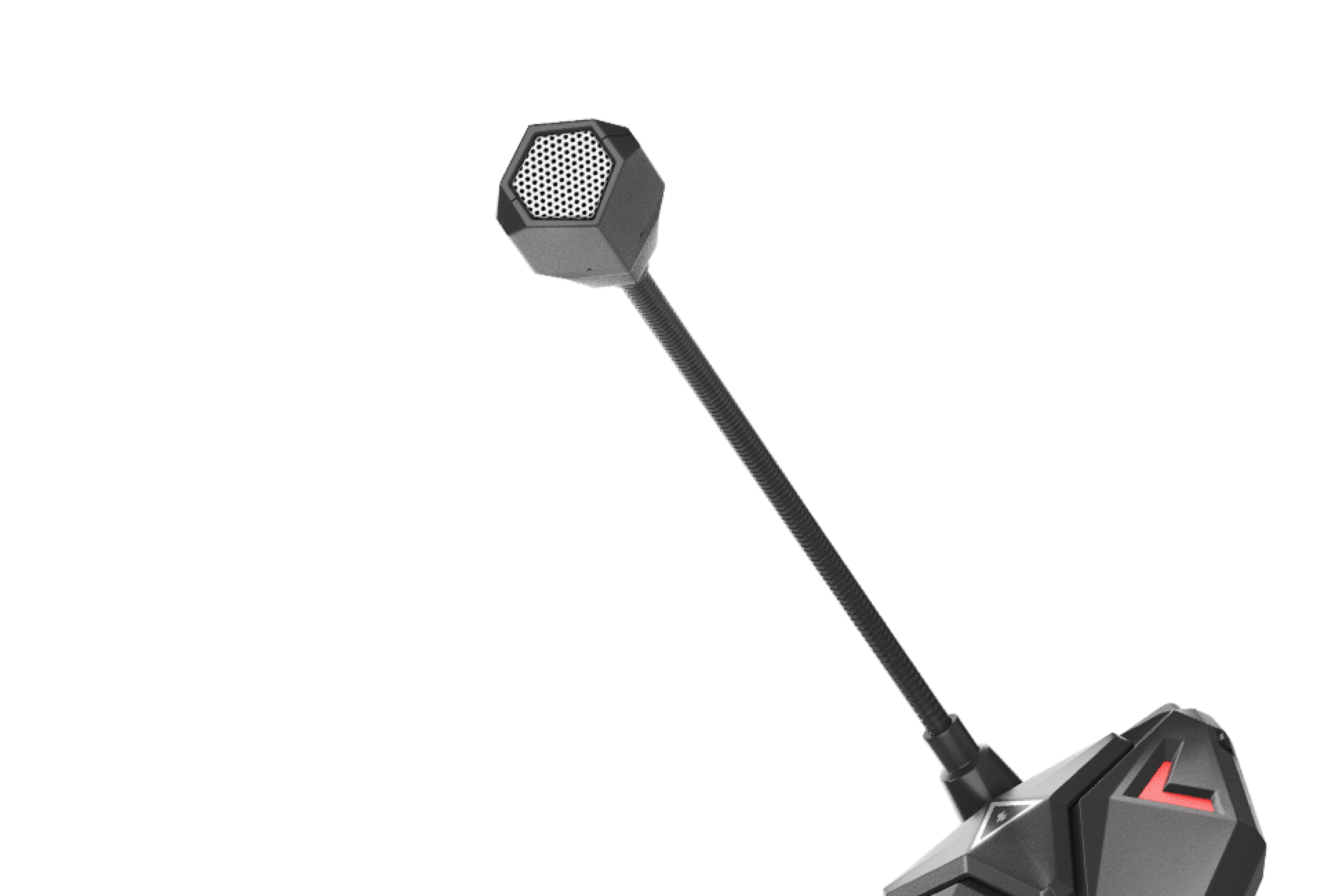 Microphone noir avec une tête en maille hexagonale et un long bras réglable, conçu pour une capture audio claire.