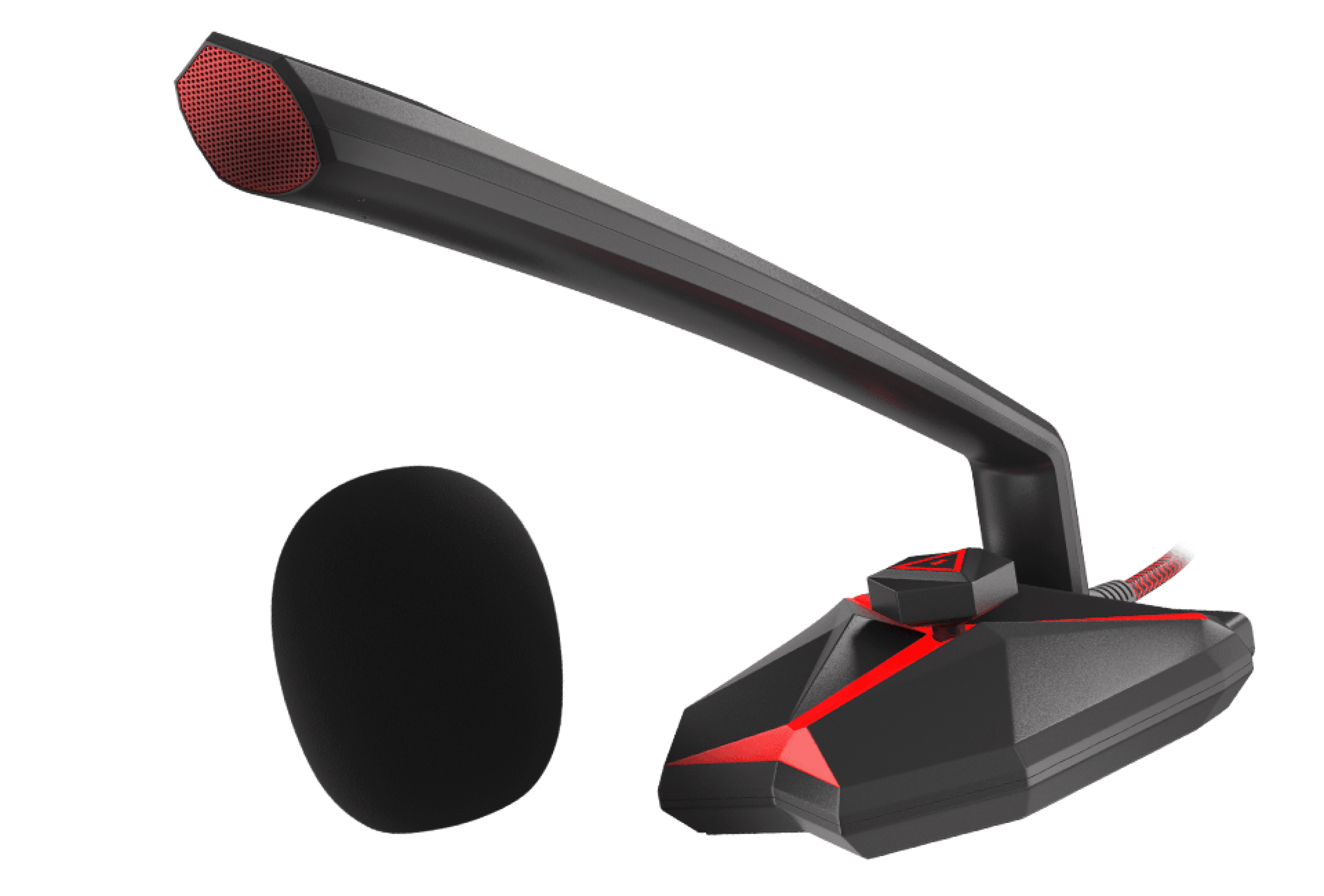 Microphone de jeu noir et rouge avec un bras flexible et un filtre anti-pop rond séparé.