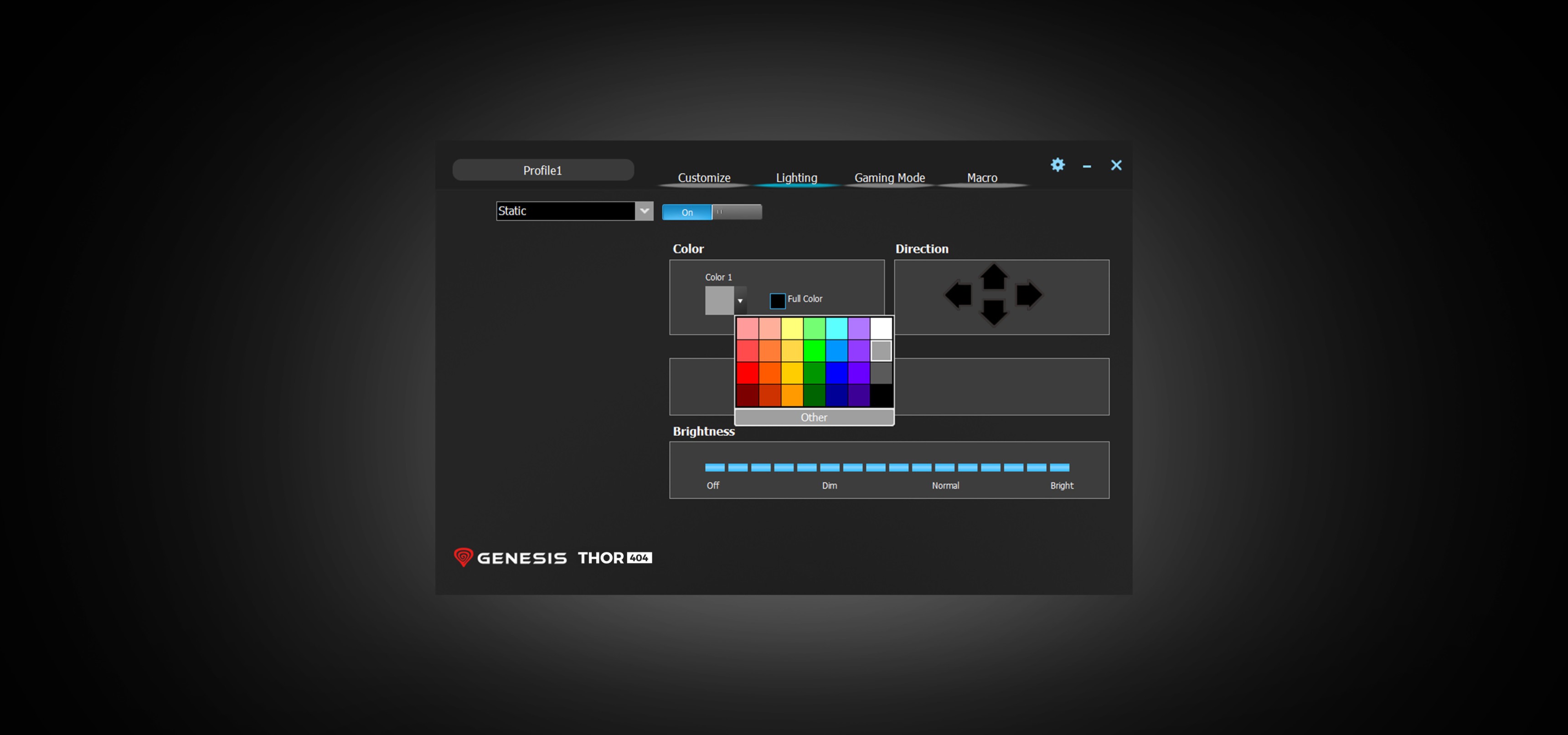 Interface logicielle permettant de personnaliser l'éclairage RVB du clavier mécanique de jeu Genesis Thor 404. Comporte une palette de couleurs et des réglages de luminosité.