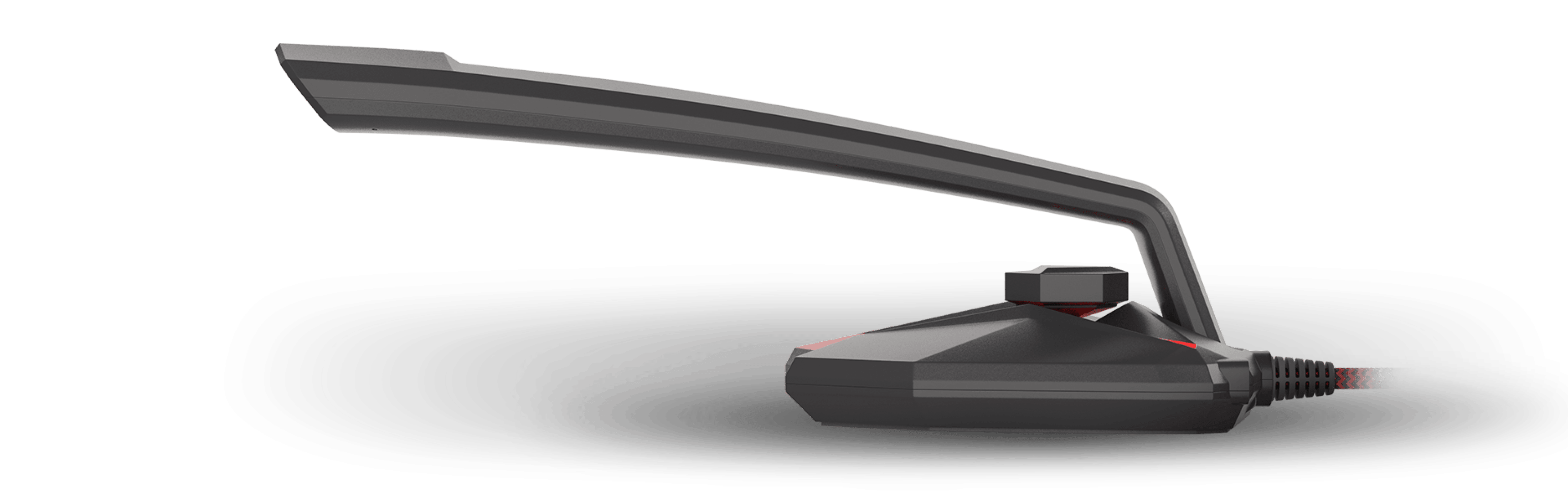 Microphone Genesis Radium 200 noir avec un bras allongé et un câble de connexion, conçu pour une utilisation de bureau.