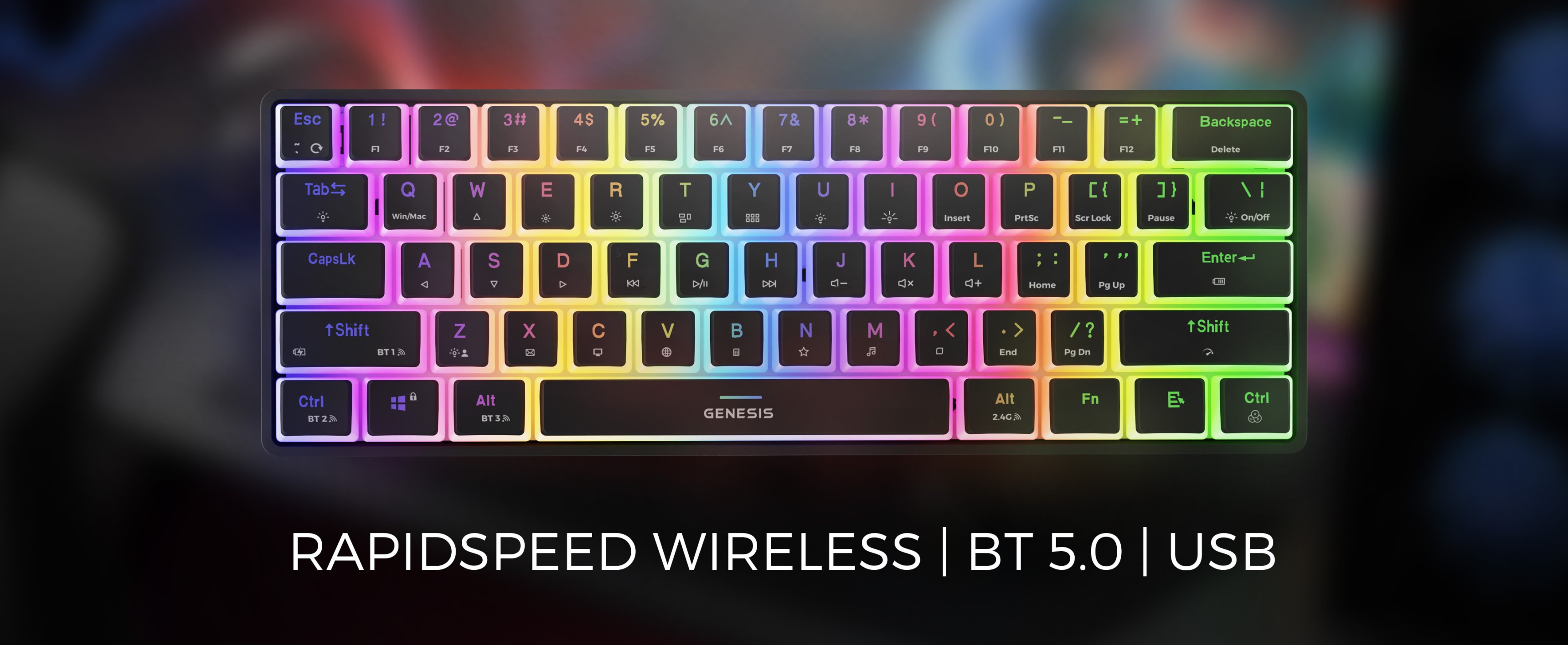 Clavier mécanique RVB sans fil avec commutateurs Gateron Red, doté d'un design rétroéclairé coloré et d'options de connectivité, notamment Bluetooth 5.0 et USB.