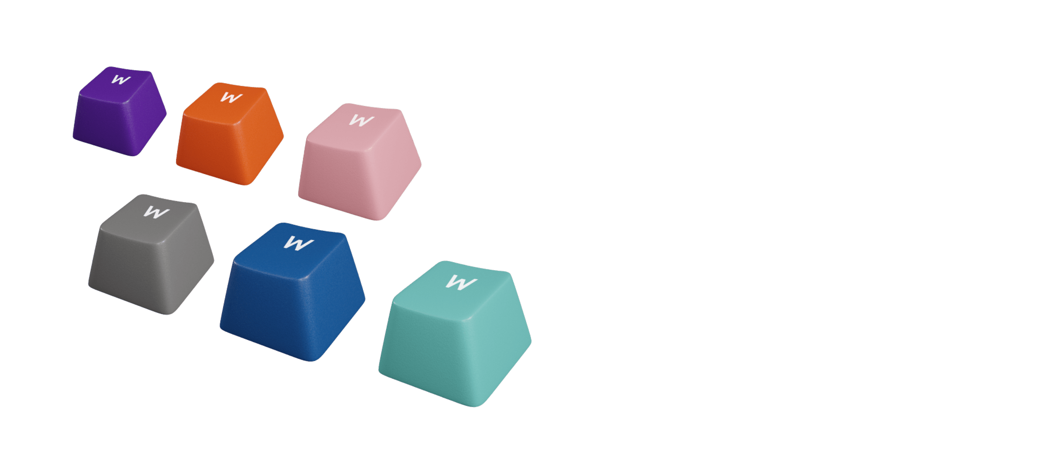 Des keycaps double shot colorés de différentes teintes : violet, orange, rose, gris, bleu et sarcelle, mettant en valeur la lettre "W".