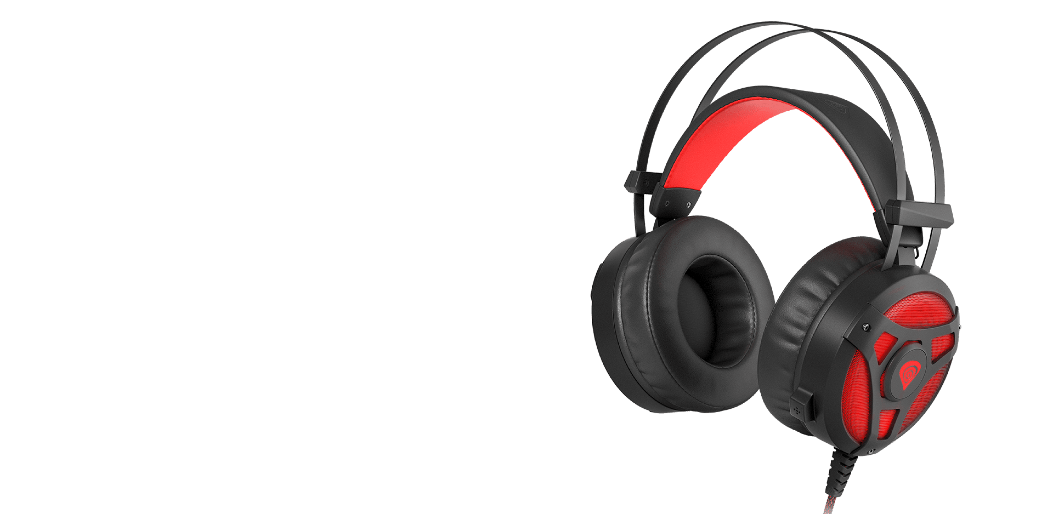 Casque supra-auriculaire noir et rouge avec un microphone intégré et un éclairage LED.