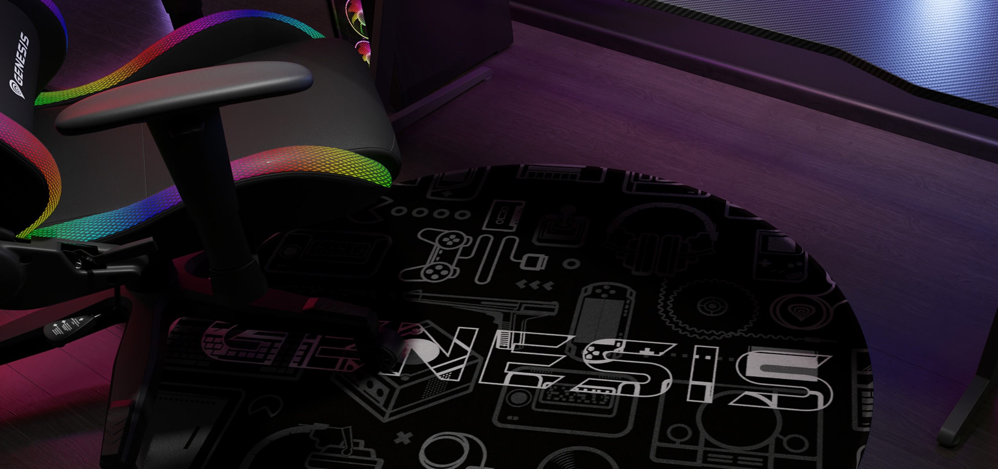 Tapis de protection sous la chaise de jeu Genesis Tellur, présentant un design noir avec divers graphiques sur le thème du jeu.