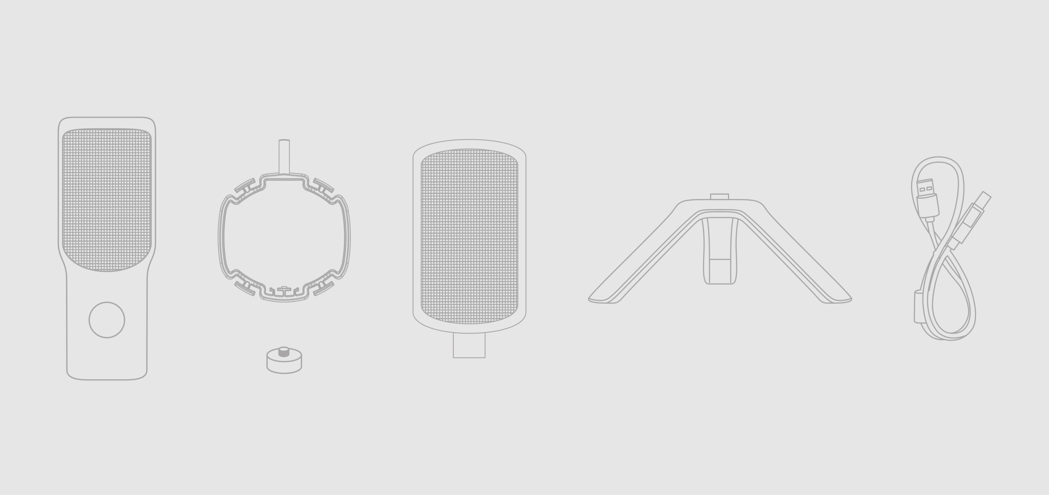Ensemble de microphones USB noirs comprenant le microphone, la monture antichoc, le support, l'adaptateur et le câble.