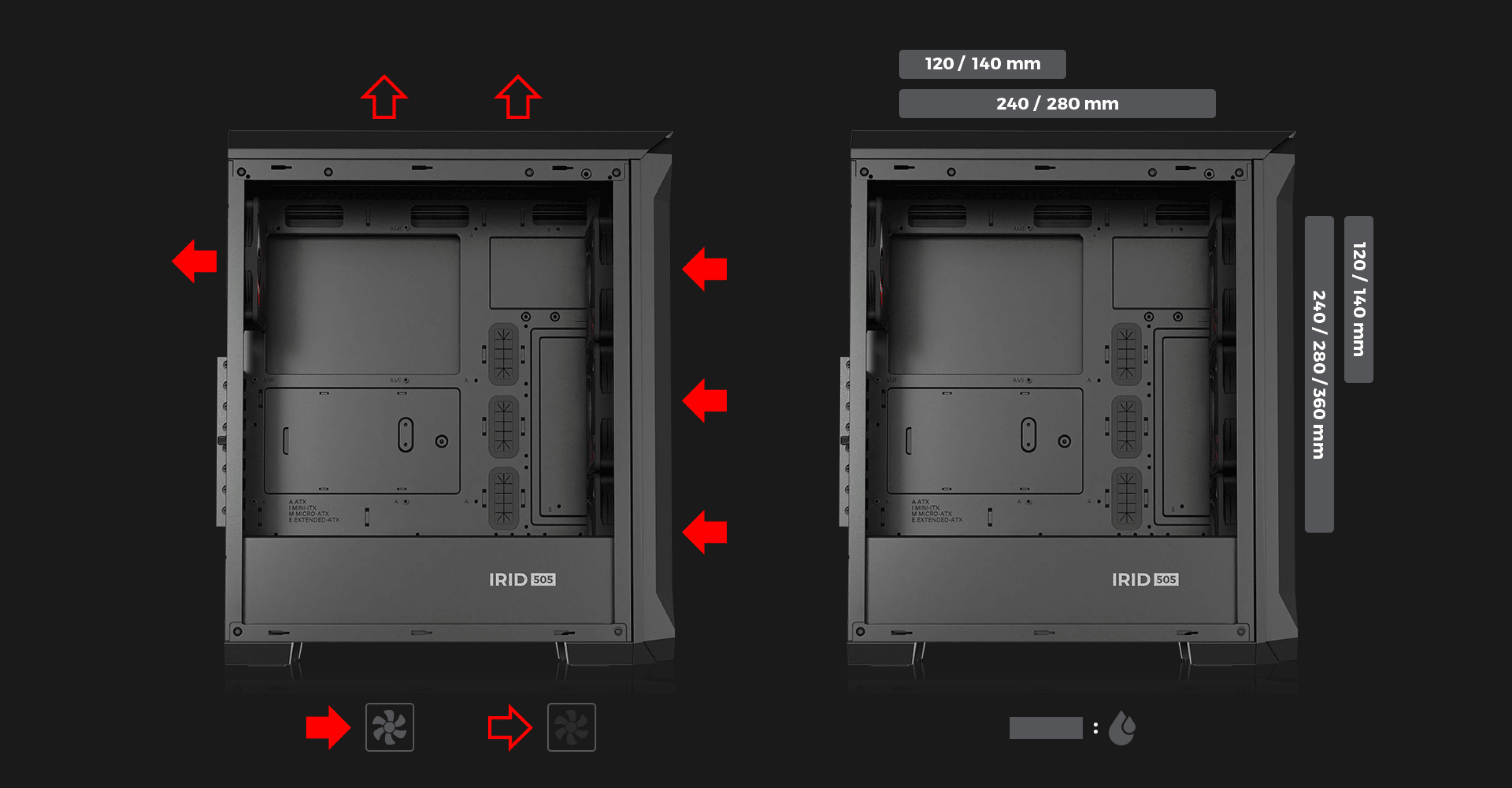 Boîtier Midi Tower Genesis Irid 505 ARGB V2 noir avec fenêtre transparente, présentant des options d'installation de ventilateurs et des détails d'agencement interne.