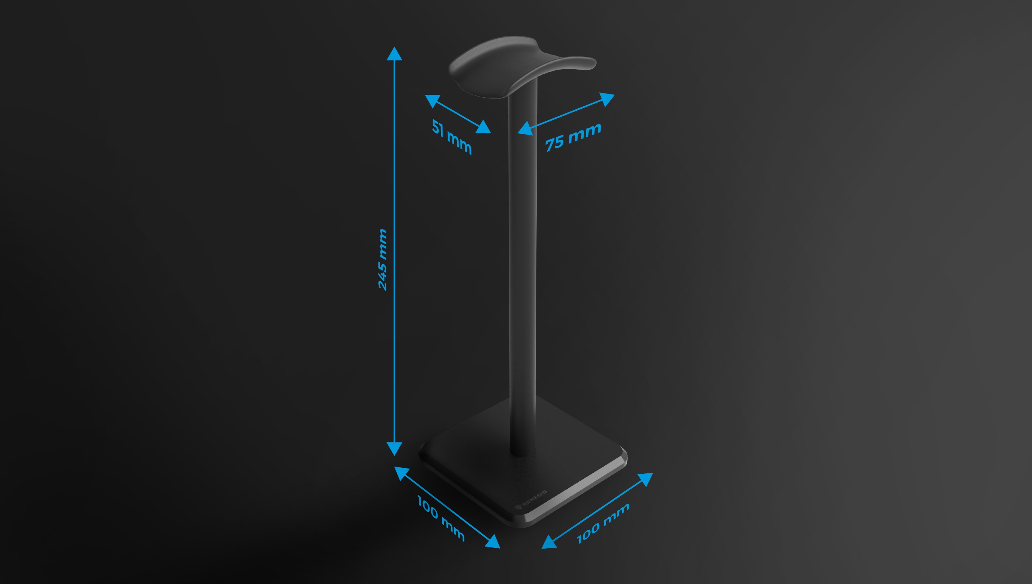 Support noir pour casque Genesis Thulium 100, doté d'une base solide et d'un design épuré, avec des dimensions visibles pour référence.