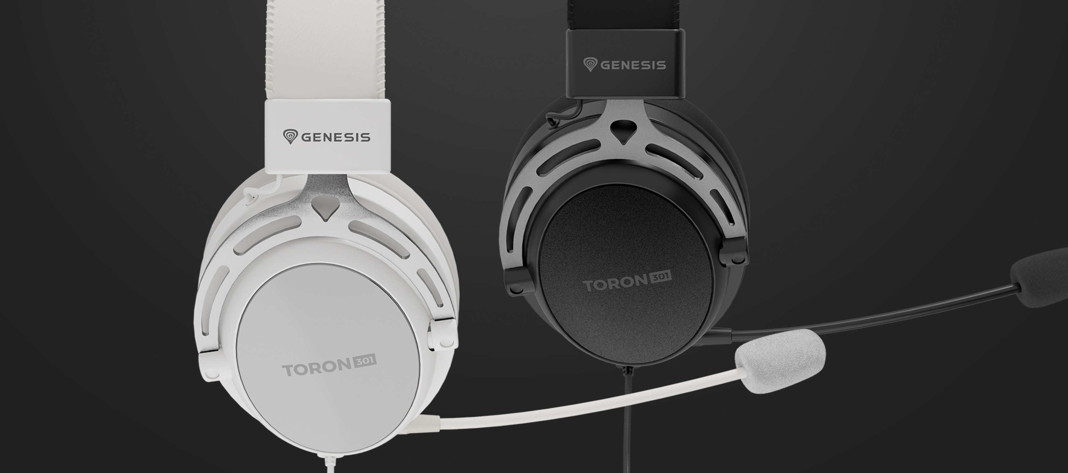 Casque d'écoute sans fil Genesis Toron 301 en noir et blanc, doté d'oreillettes réglables et d'un microphone attaché.