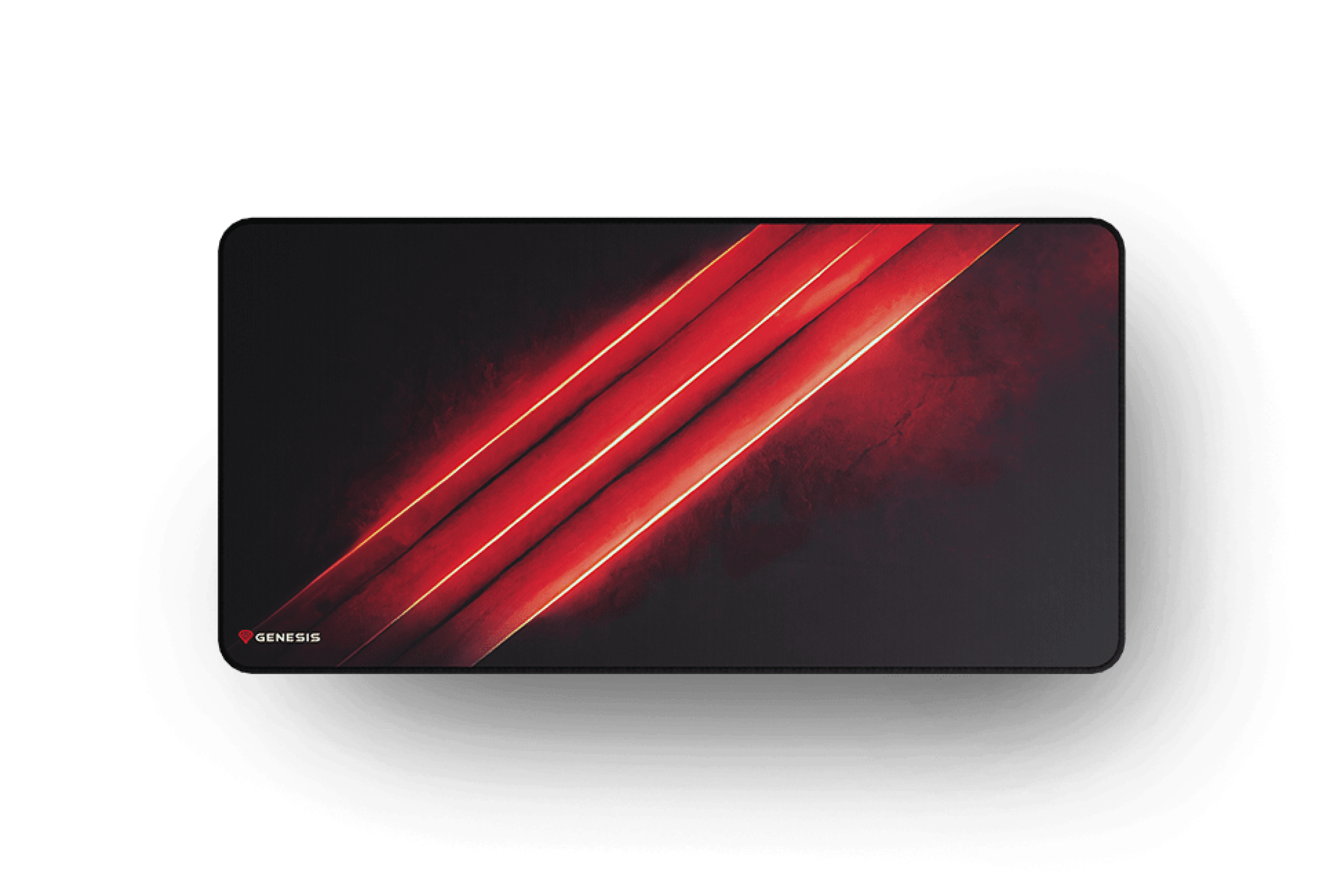 Grand tapis de souris de jeu présentant un design noir élégant avec des lignes diagonales rouges frappantes et le logo Genesis dans le coin.